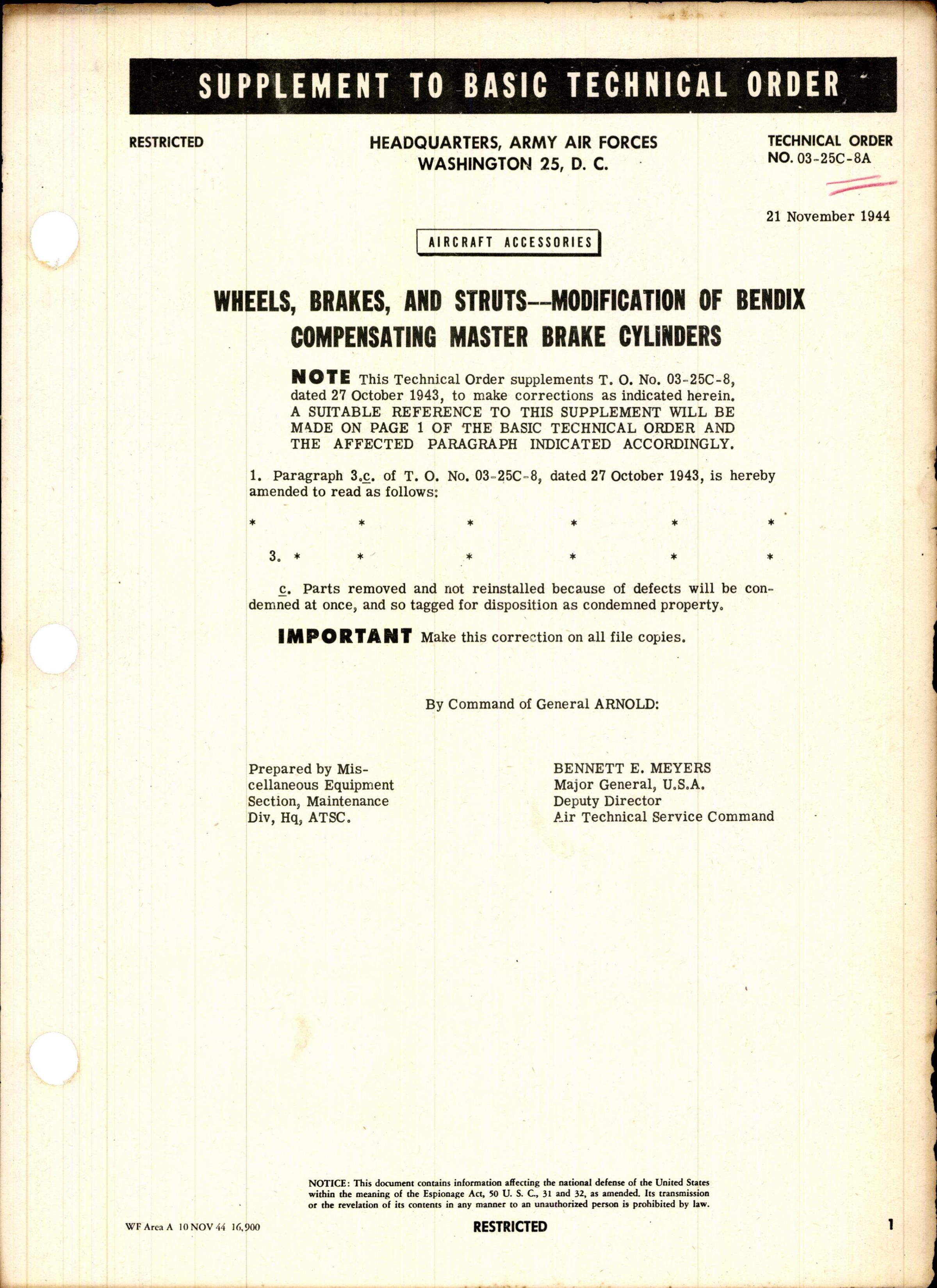 Sample page 1 from AirCorps Library document: Modification of Bendix Compensating Master Brake Cylinders