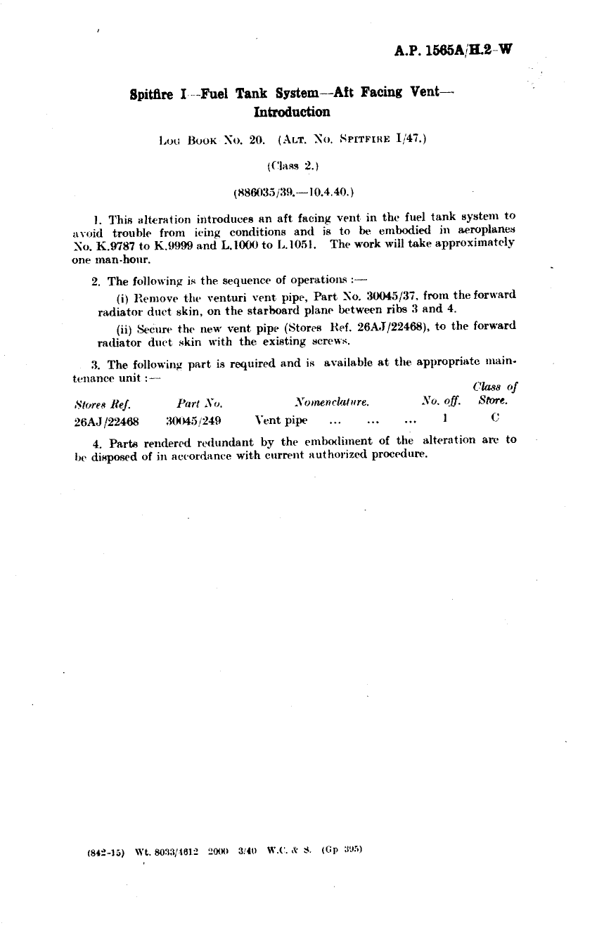 Sample page 1 from AirCorps Library document: Spitfire I Fuel Tank System Aft Facing Vent Introduction