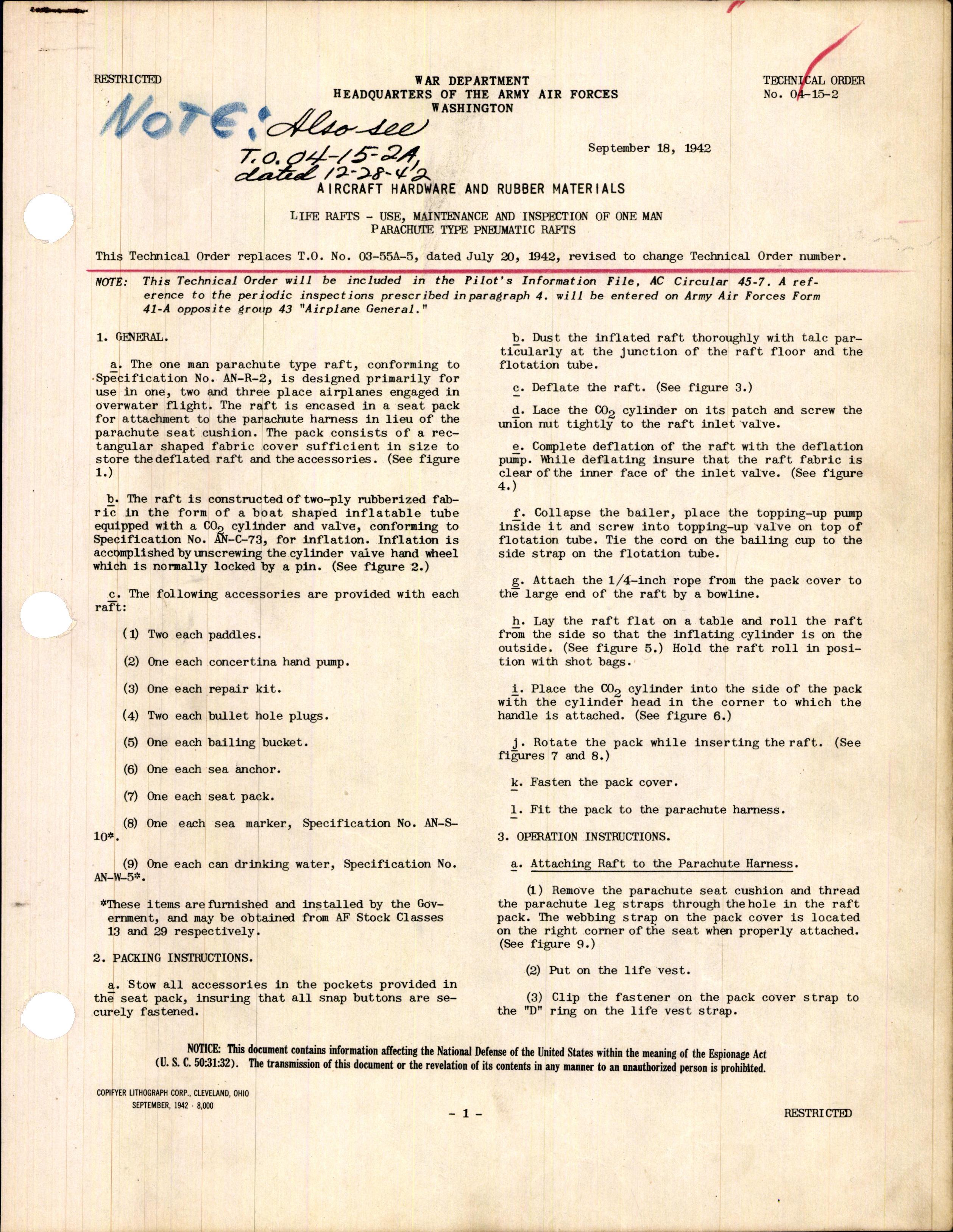 Sample page 1 from AirCorps Library document: Use, Maintenance, and Inspection of One Man Parachute Type Pneumatic Rafts