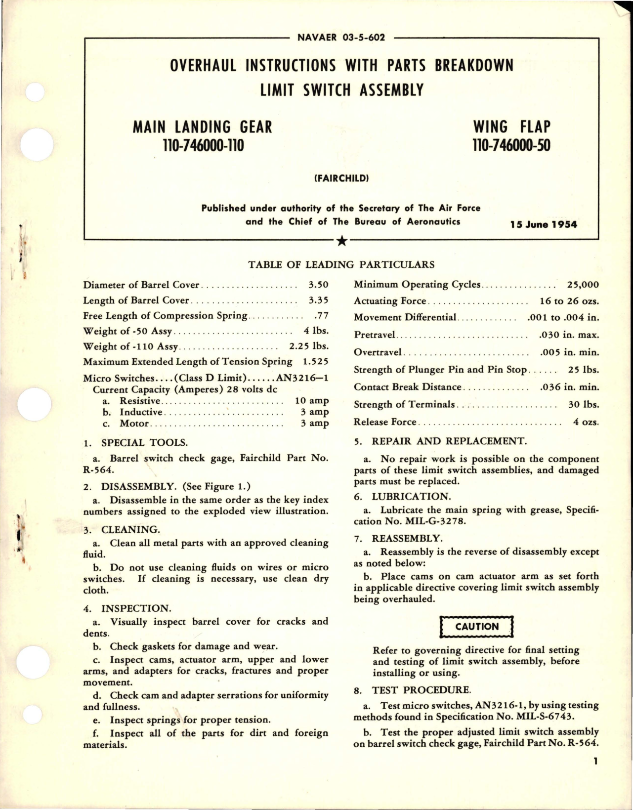 Sample page 1 from AirCorps Library document: Overhaul Instructions with Parts Breakdown for Limit Switch Assembly - Main Landing Gear No 110-746000-110 - Wing Flap No. 110-746000-50