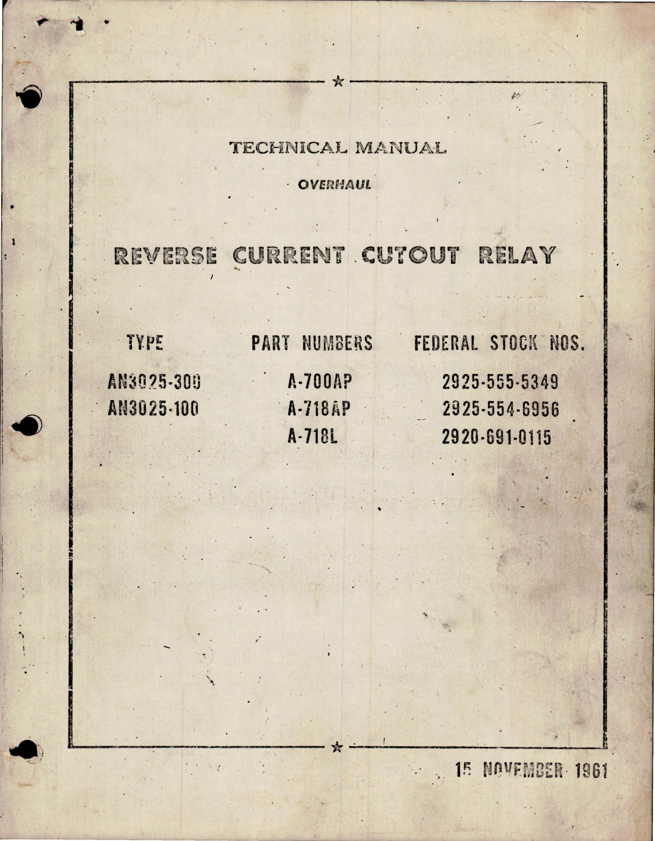 Sample page 1 from AirCorps Library document: Overhaul Manual for Reverse Current Cutout Relay - Types AN 3025-300 and AN 3025-100 