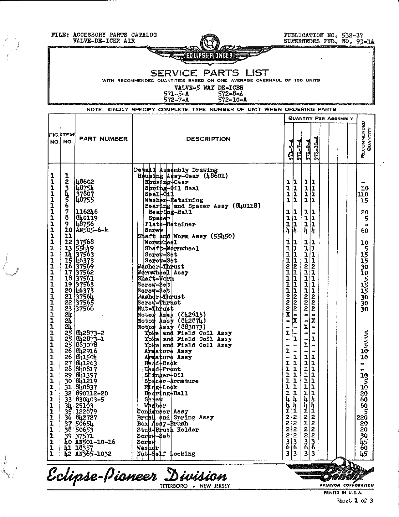 Sample page 1 from AirCorps Library document: Service Parts List for 5 Way De-Icer Valve - Model 571-5-A, 572-7-A, 572-8-A, and 572-10-A 