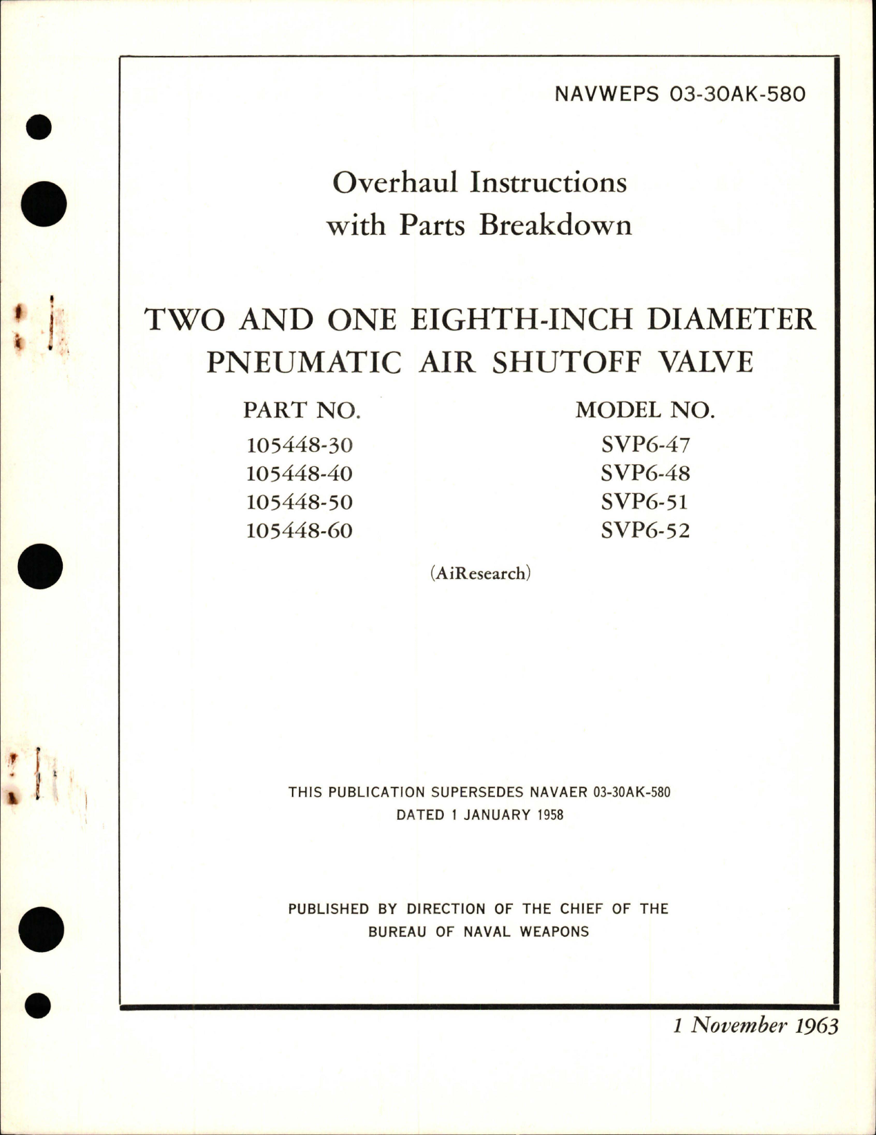 Sample page 1 from AirCorps Library document: Overhaul Instructions with Parts Breakdown for Pneumatic Air Shutoff Valve - 2 1/8 inch Diameter