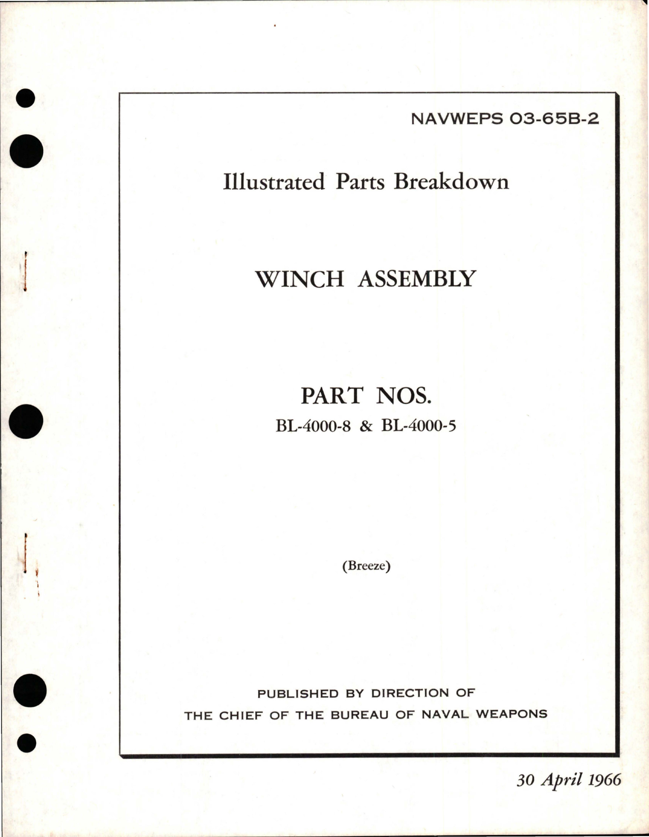Sample page 1 from AirCorps Library document: Illustrated Parts Breakdown for Winch Assembly - Parts BL-4000-8 and BL-4000-5 