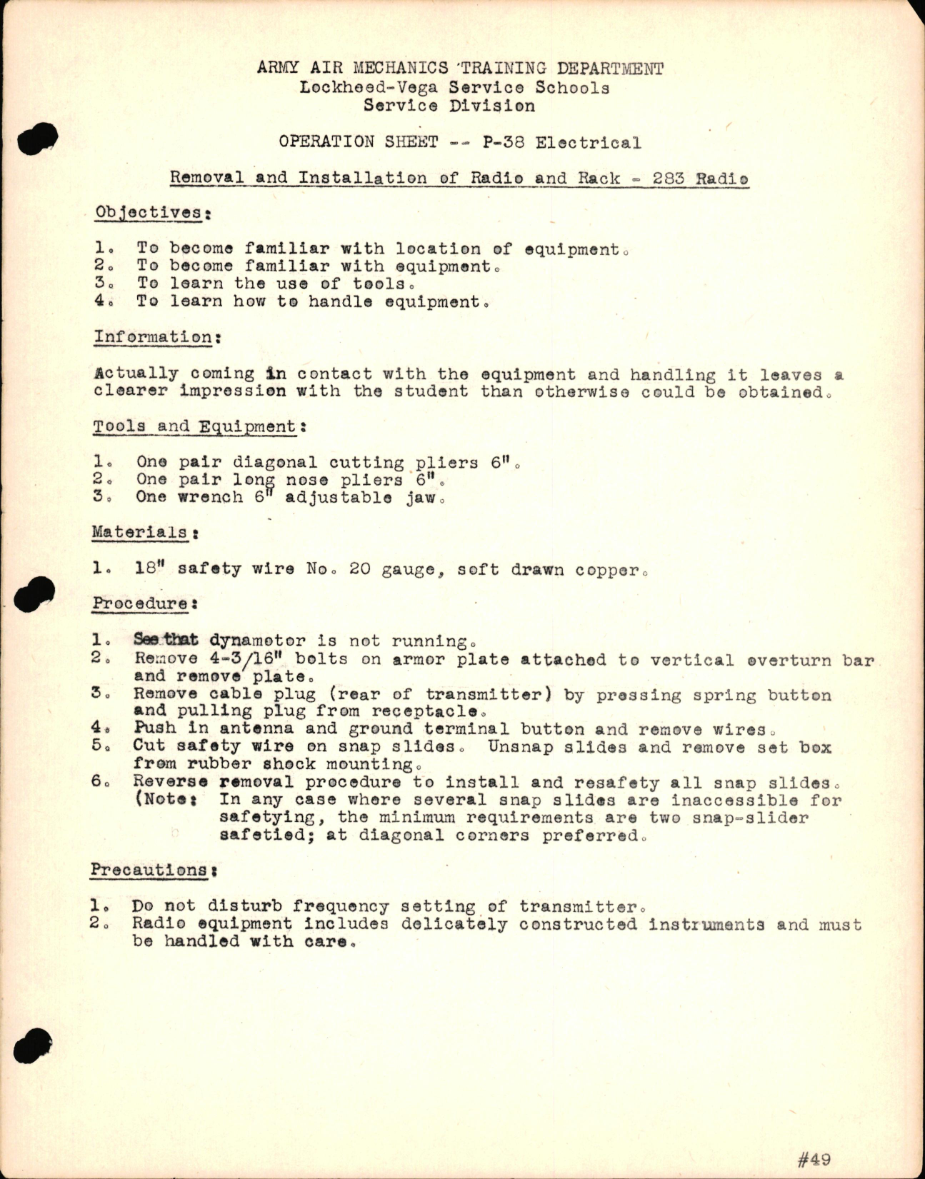 Sample page 1 from AirCorps Library document: P-38 Electrical - Removal & Installation of Radio and Rack - 283 Radio