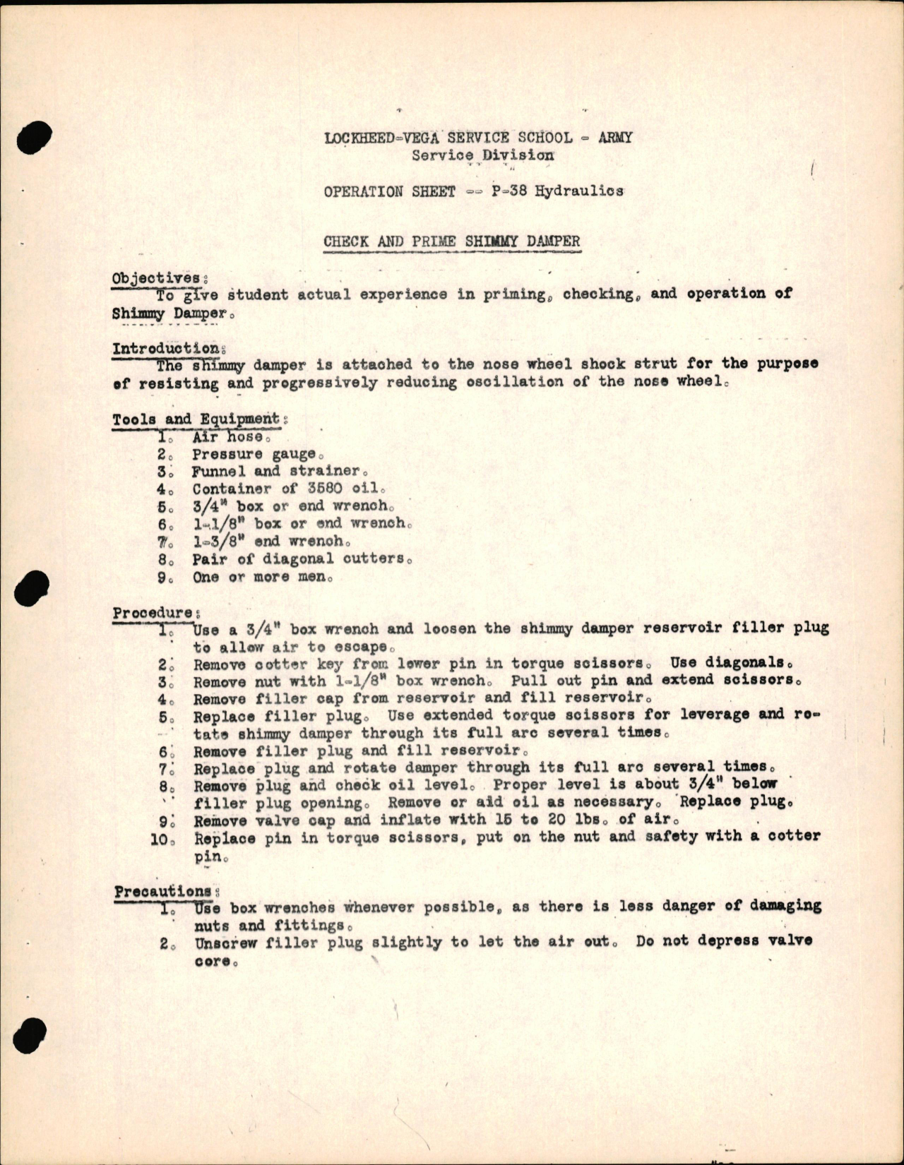 Sample page 1 from AirCorps Library document: P-38 Hydraulics - Check & Prime Shimmy Damper