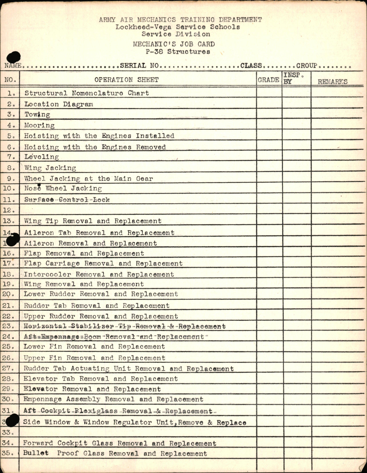 Sample page 1 from AirCorps Library document: Mechanics Job Card - P-38 Structures Index