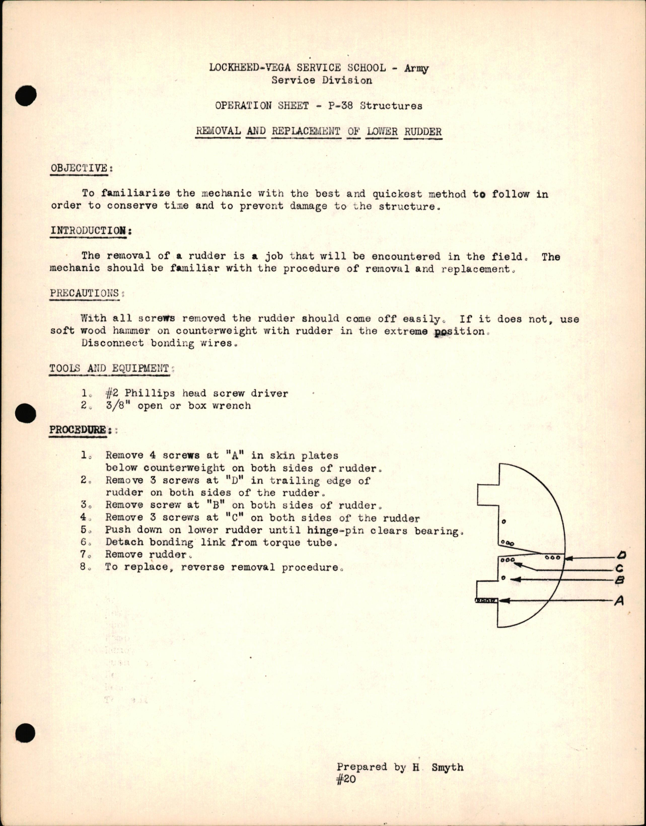 Sample page 1 from AirCorps Library document: P-38 Structures - Removal & Replacement of Lower Rudder