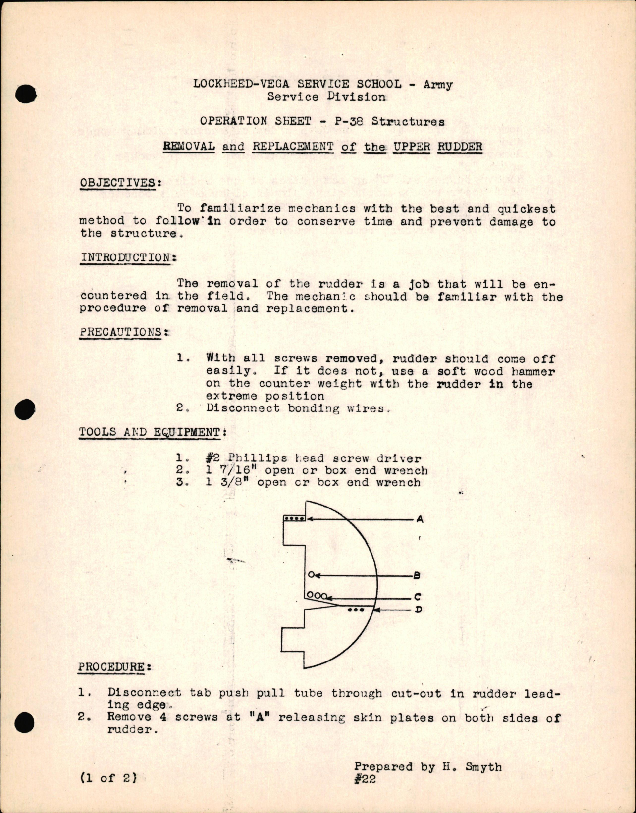Sample page 1 from AirCorps Library document: P-38 Structures - Removal & Replacement of the Upper Rudder