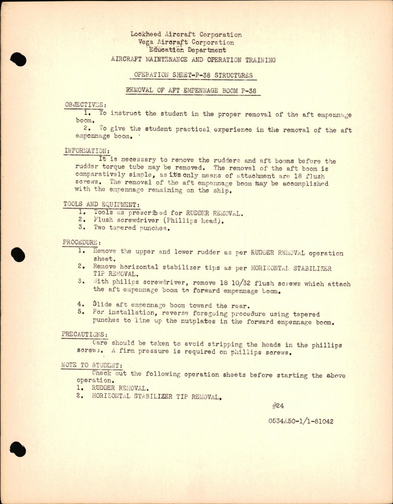 Sample page 1 from AirCorps Library document: P-38 Structures - Removal of Aft Empennage Boom for P-38
