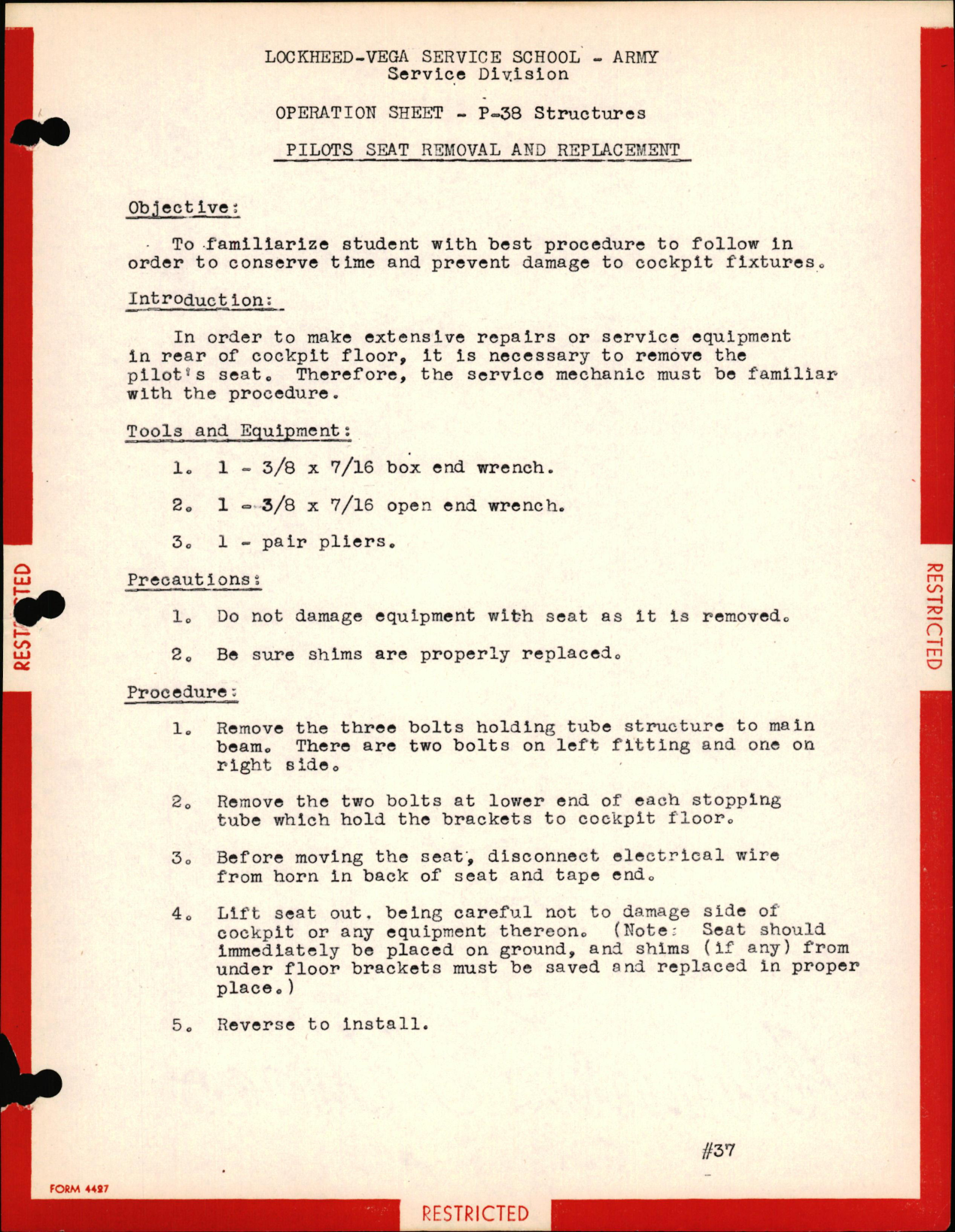 Sample page 1 from AirCorps Library document: P-38 Structures - Pilot Seat Removal & Replacement