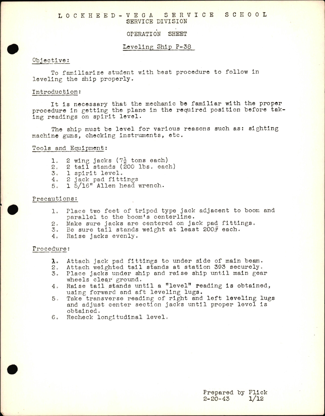 Sample page 1 from AirCorps Library document: P-38 Structures - Leveling Ship P-38