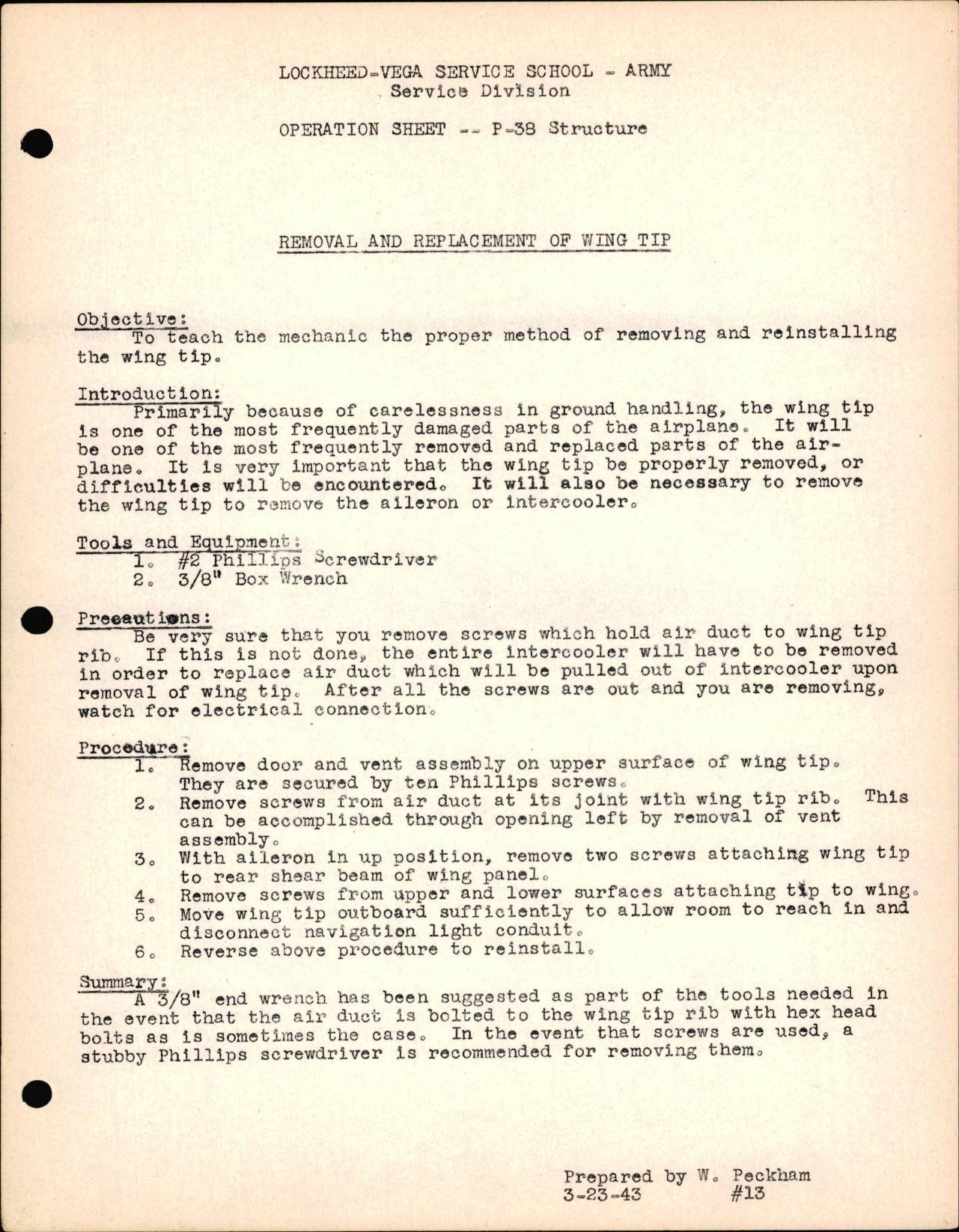 Sample page 1 from AirCorps Library document: P-38 Structures - Removal & Replacement of Wing Tip