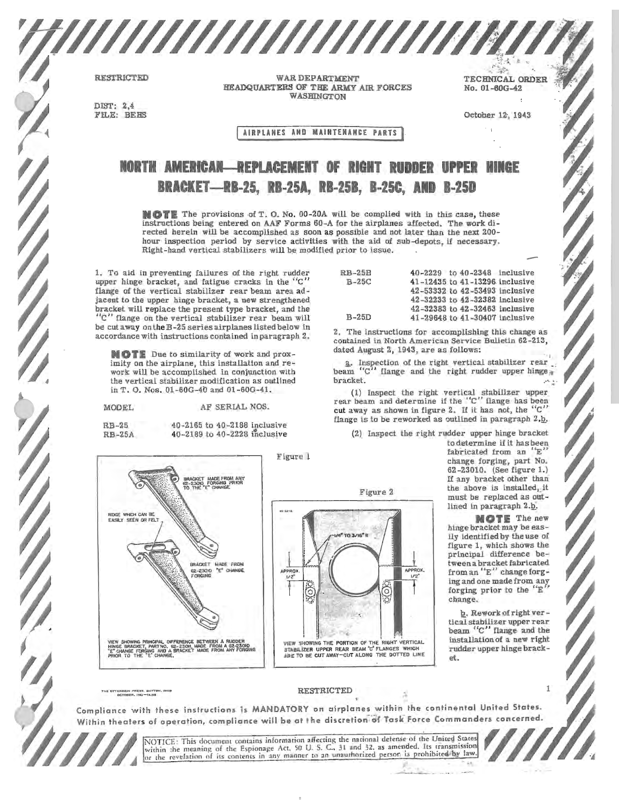 Sample page 1 from AirCorps Library document: North American - Replacement of Right Rudder Upper Hinge Bracket - RB-25, RB-25A, RB-25B, B-25C, and B-25D