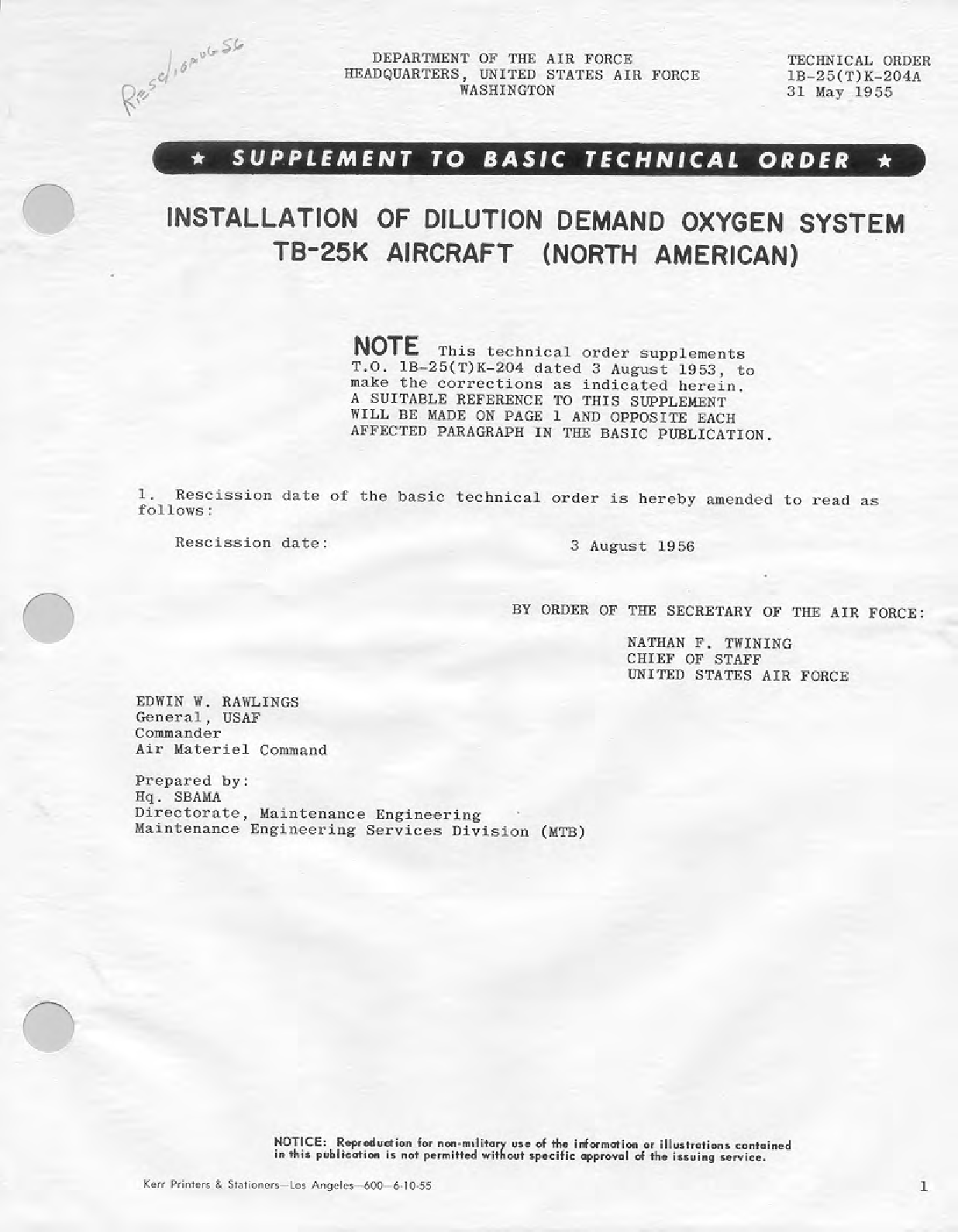 Sample page 1 from AirCorps Library document: Installation of Dilution Demand Oxygen System TB-25K Aircraft (North American)