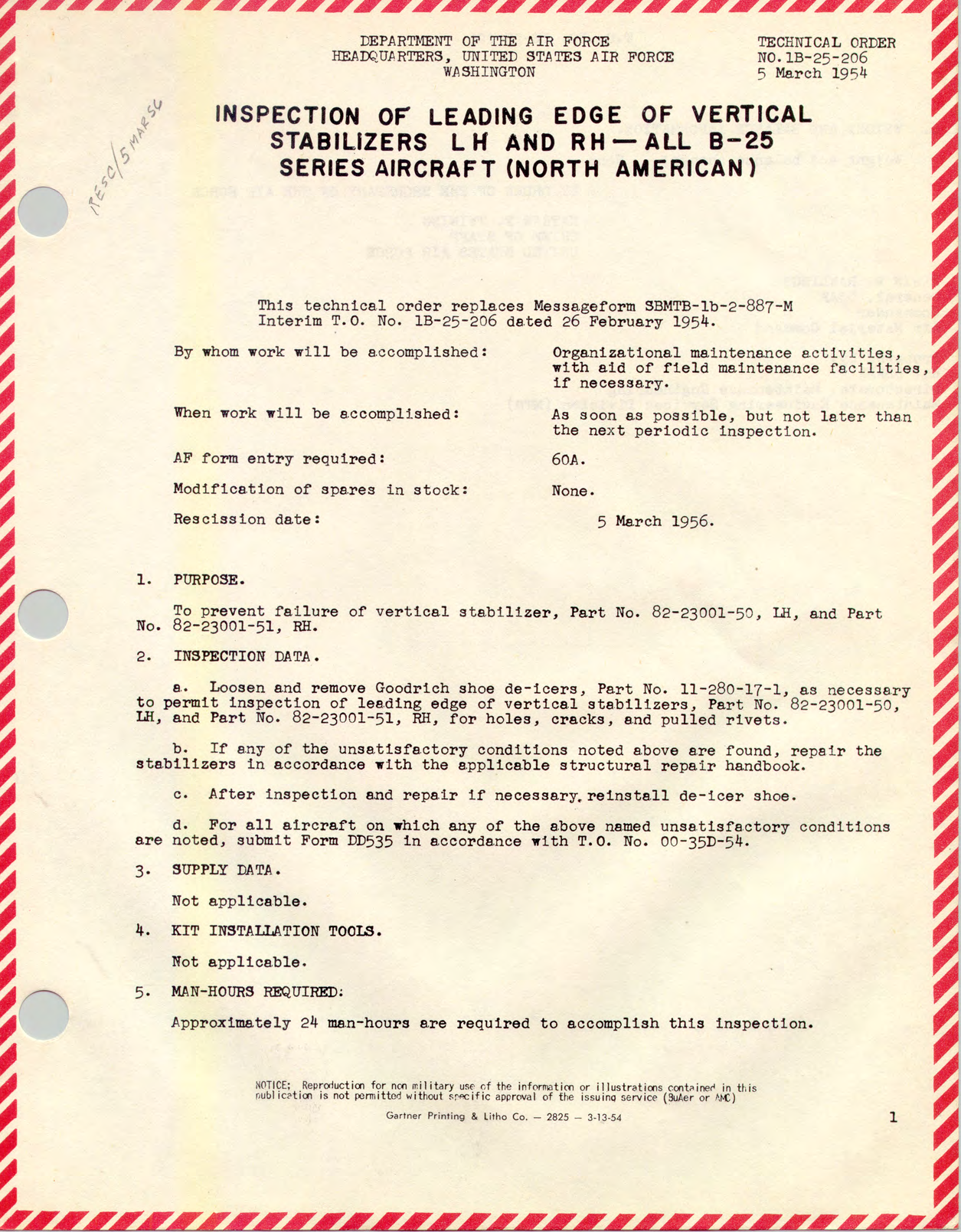 Sample page 1 from AirCorps Library document: Inspection of Leading Edge of Vertical Stabilizer LH and RH - All B-25 Series Aircraft (North American)