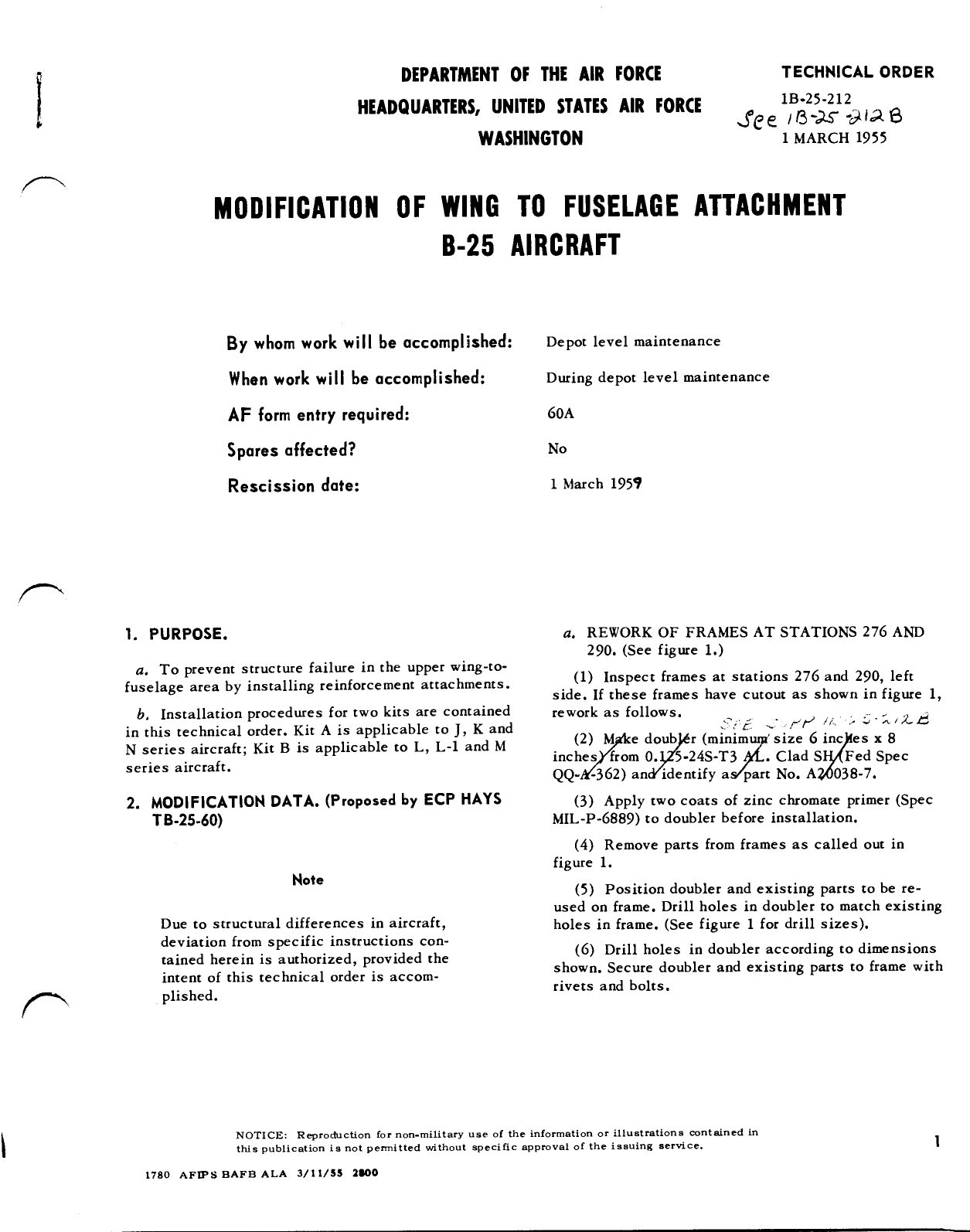 Sample page 1 from AirCorps Library document: Modification of Wing to Fuselage Attachment for B-25 Aircraft