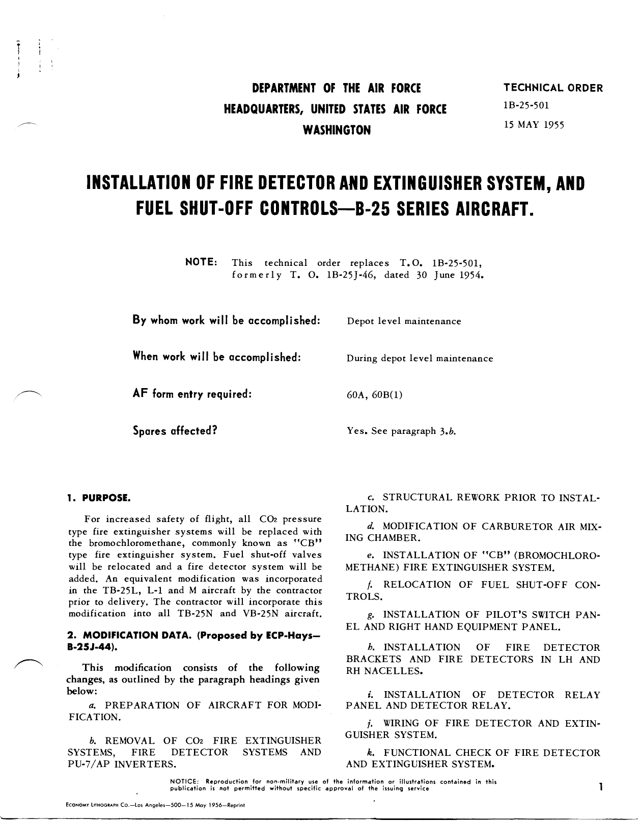 Sample page 1 from AirCorps Library document: Installation of Fire Detector and Extinguisher System, and Fuel Shut-Off Controls - B-25 Series Aircraft