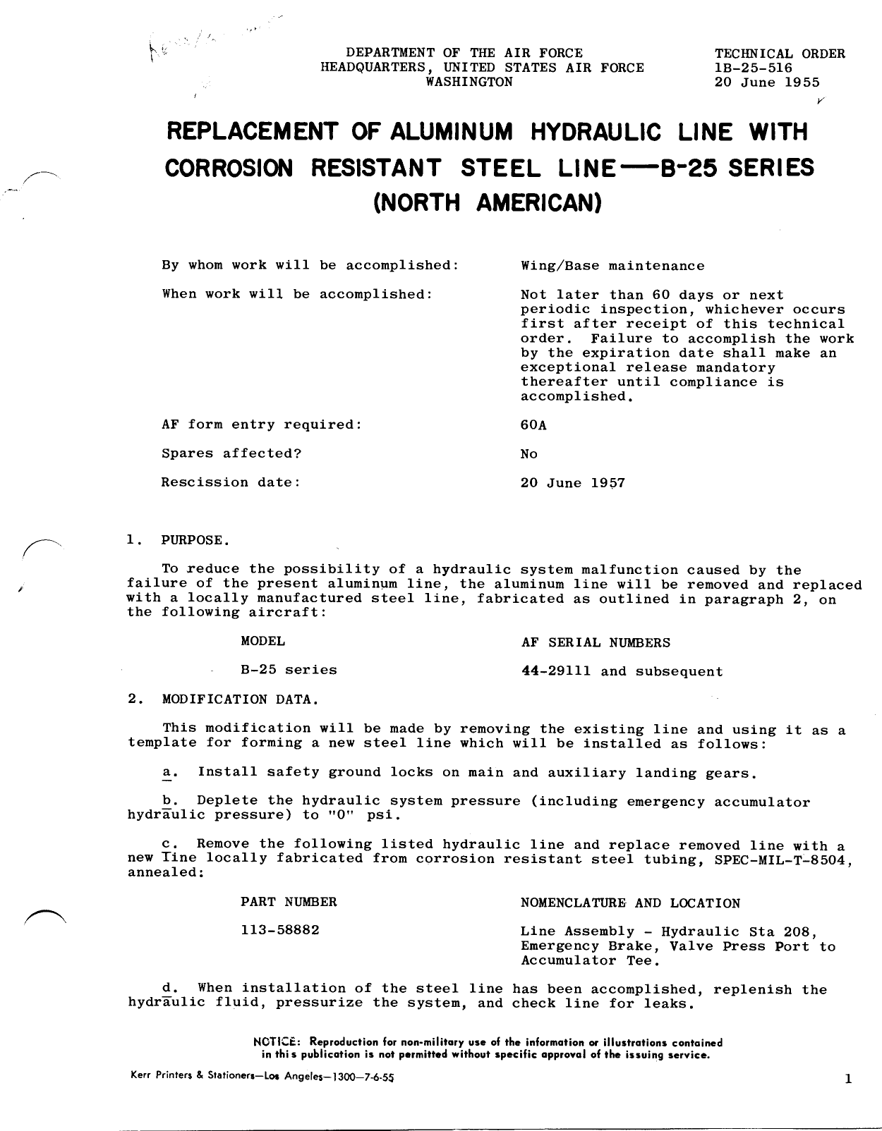 Sample page 1 from AirCorps Library document: Replacement of Aluminum Hydraulic Line with Corrosion Resistant Steel Line - B-25 Series (North American)
