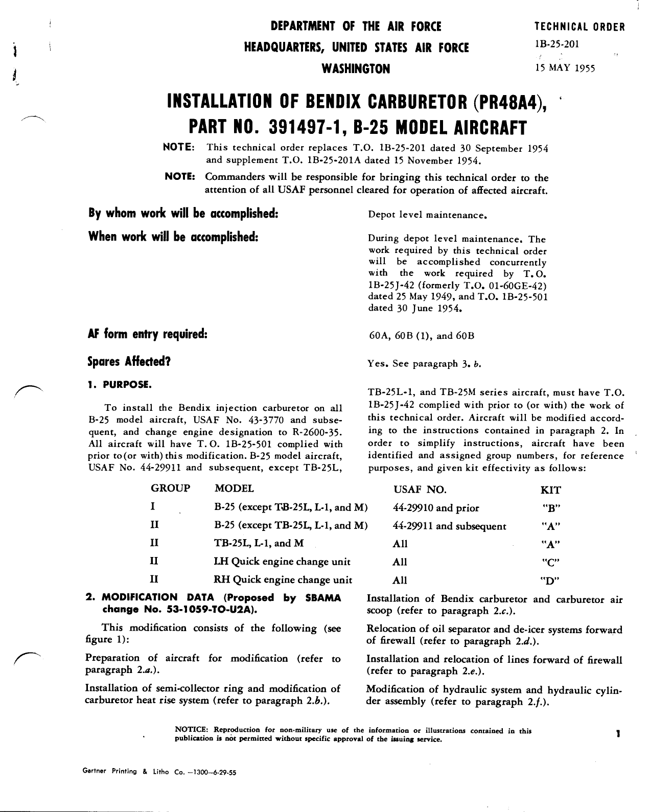 Sample page 1 from AirCorps Library document:  Installation of Bendix Carburetor (PR48A4) Part No. 391497-1, B-25 Model Aircraft