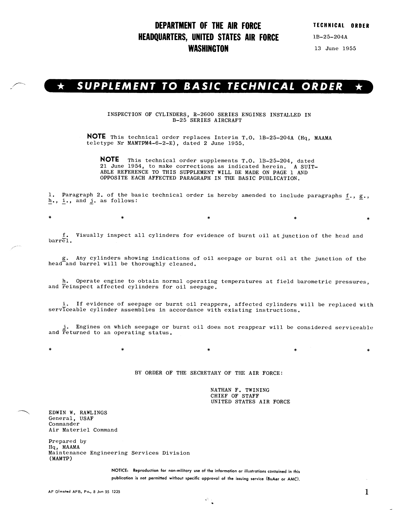 Sample page 1 from AirCorps Library document: Inspection of Cylinders, R-2600 Series Engines Installed in B-25 Series Aircraft