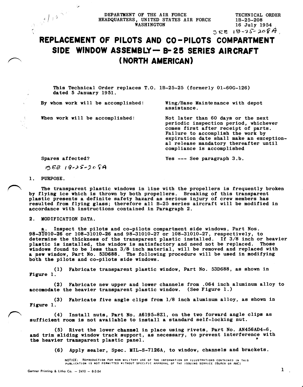 Sample page 1 from AirCorps Library document: Replacement of Pilots and Co-Pilots Compartment Side Window Assembly - B-25 Series Aircraft (North American)