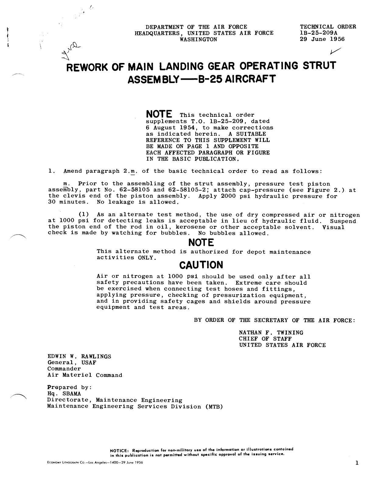 Sample page 1 from AirCorps Library document: Rework of Main Landing Gear Operating Strut Assembly - B-25 Aircraft 