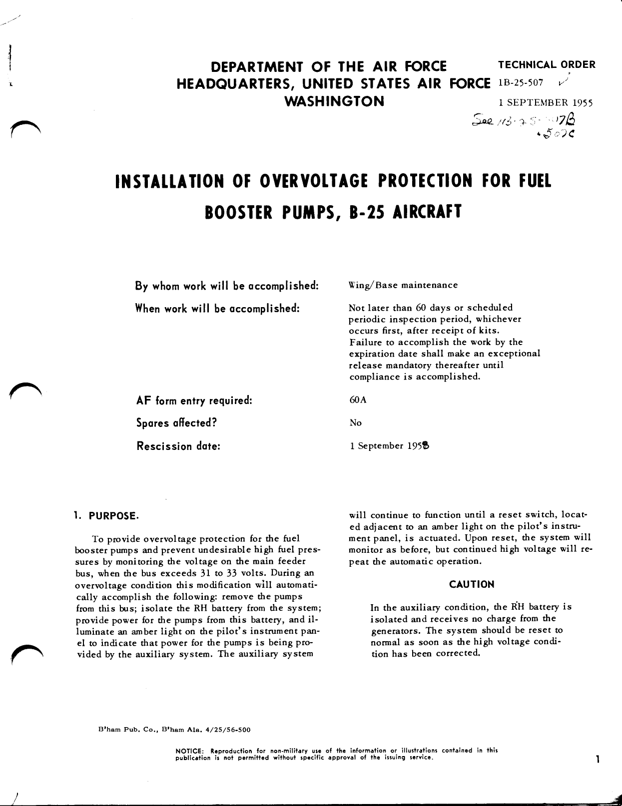 Sample page 1 from AirCorps Library document: Installation of Overvoltage Protection for Fuel Booster Pumps, B-25 Aircraft
