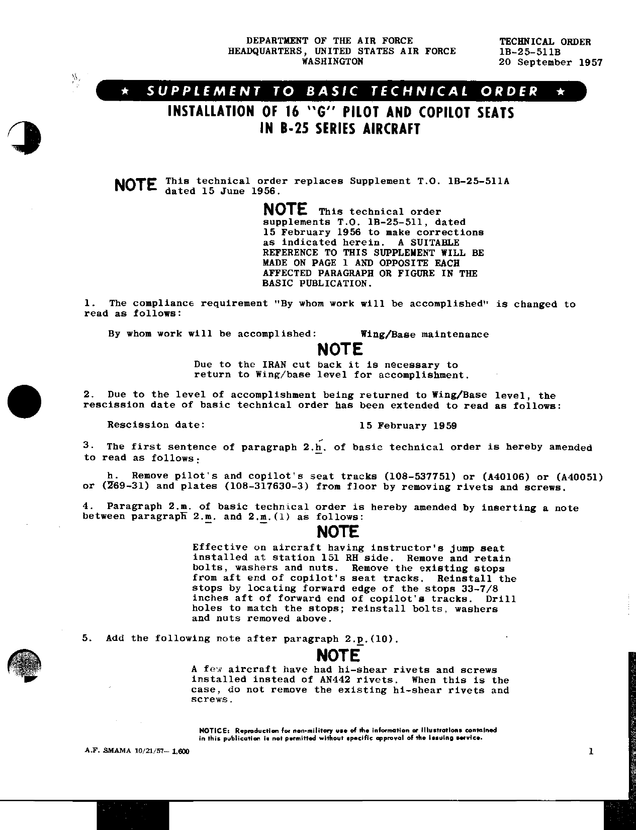 Sample page 1 from AirCorps Library document:  Installation of 16 'G' Pilot and Copilot Seats in B-25 Series Aircraft