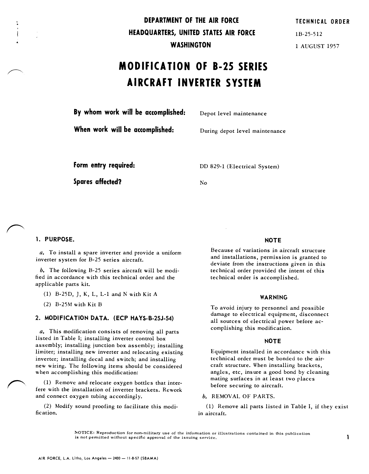 Sample page 1 from AirCorps Library document: Modification of B-25 Series Aircraft Inverter System