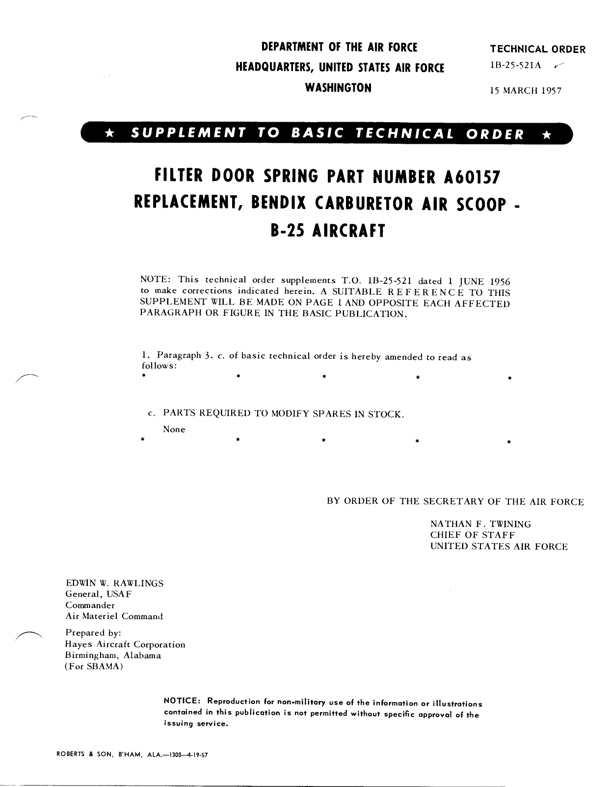 Sample page 1 from AirCorps Library document: Filter Door Spring Part Number A60157 Replacement, Bendix Carburetor Air Scoop - B-25 Aircraft