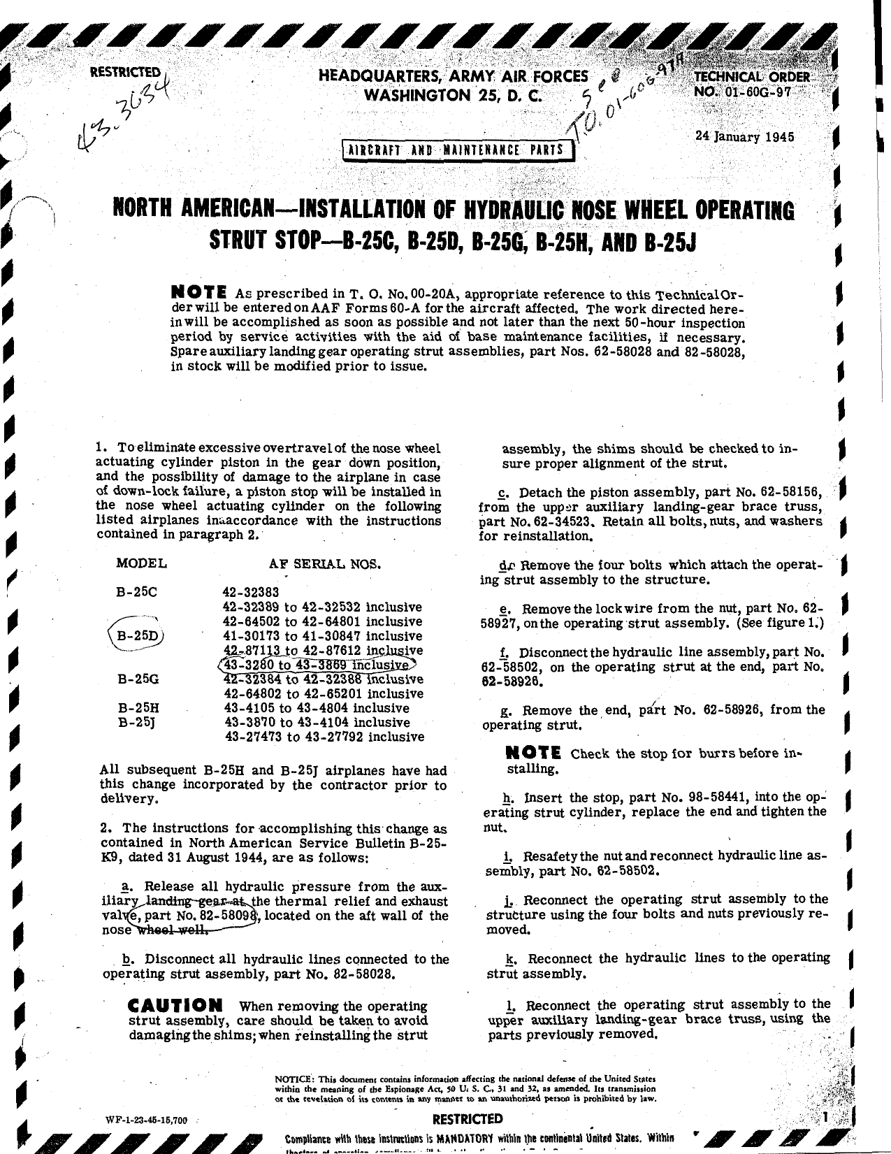 Sample page 1 from AirCorps Library document: North American - Installation of Hydraulic Nose Wheel Operating Strut Stop - B-25C, B-25D, B-25G, B-25H, and B-25J
