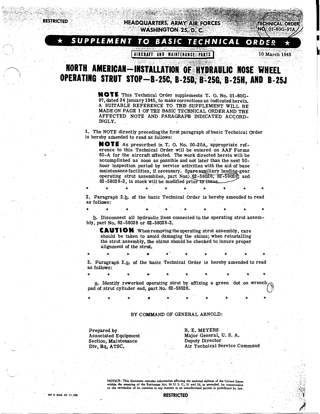 Sample page 1 from AirCorps Library document: North American - Installation of Hydraulic Nose Wheel Operating Strut Stop - B-25C, B-25D, B-25G, B-25H, and B-25J