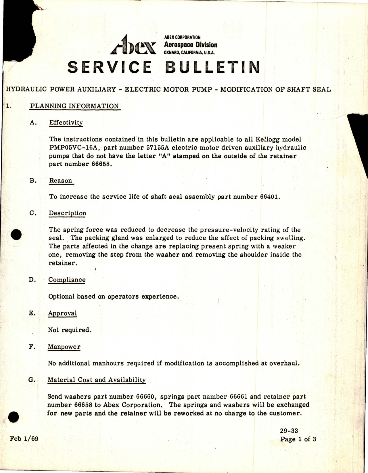 Sample page 1 from AirCorps Library document: Abex Hydraulic Power Auxiliary - Electric Motor Pump - Modification of Shaft Seal