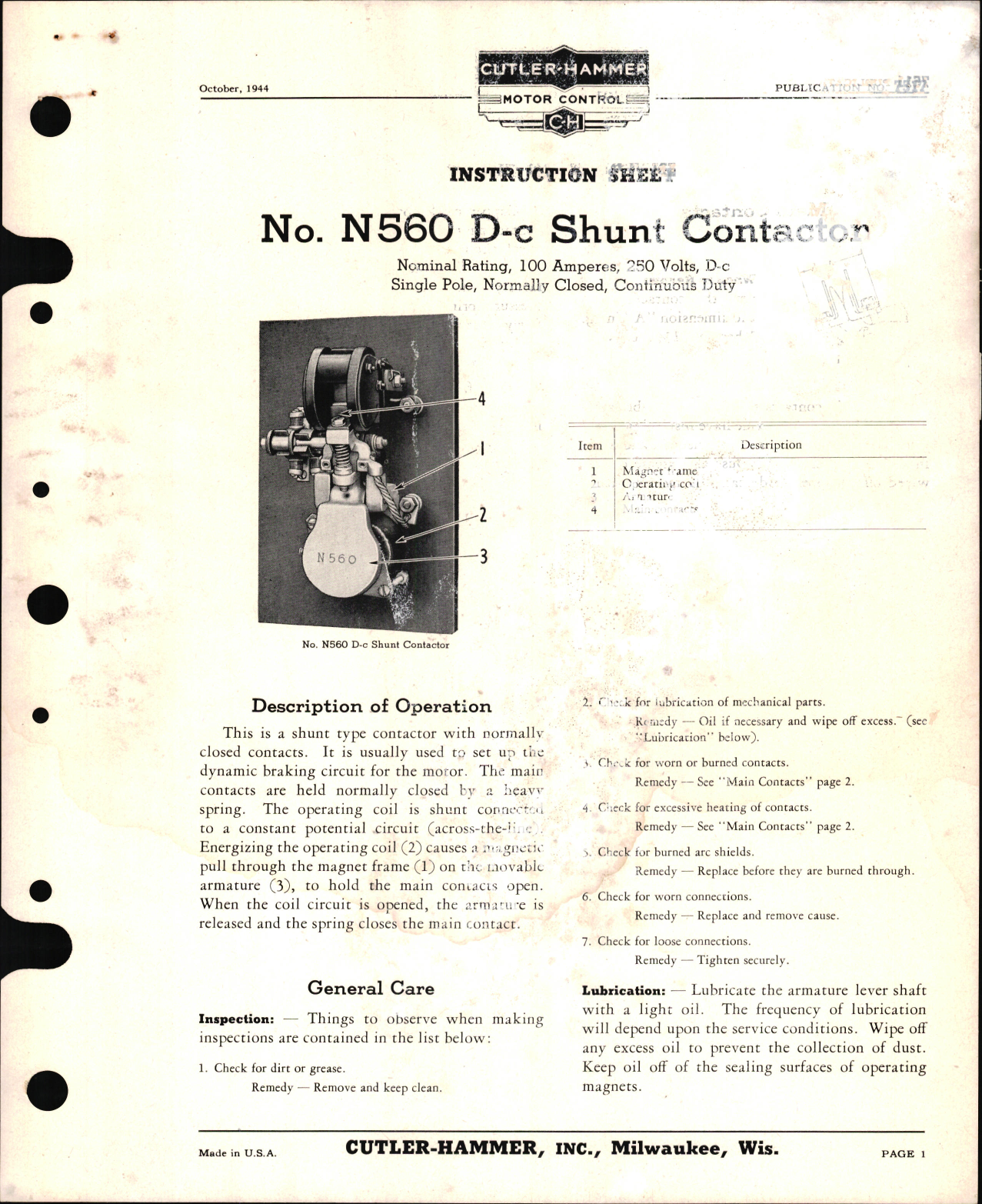 Sample page 1 from AirCorps Library document: Instruction Sheet for No. N560 D-c Shunt Contactor