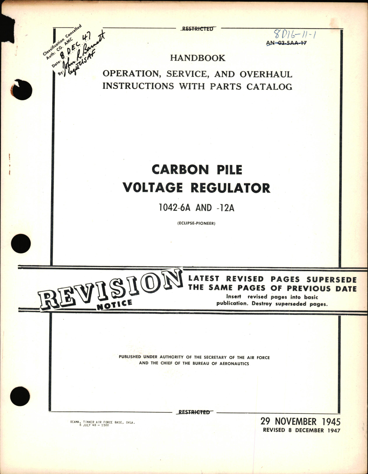Sample page 1 from AirCorps Library document: Operation, Service, & Overhaul Instruction with Parts Catalog for Carbon Pile Voltage Regulator 1042-6A & -12A