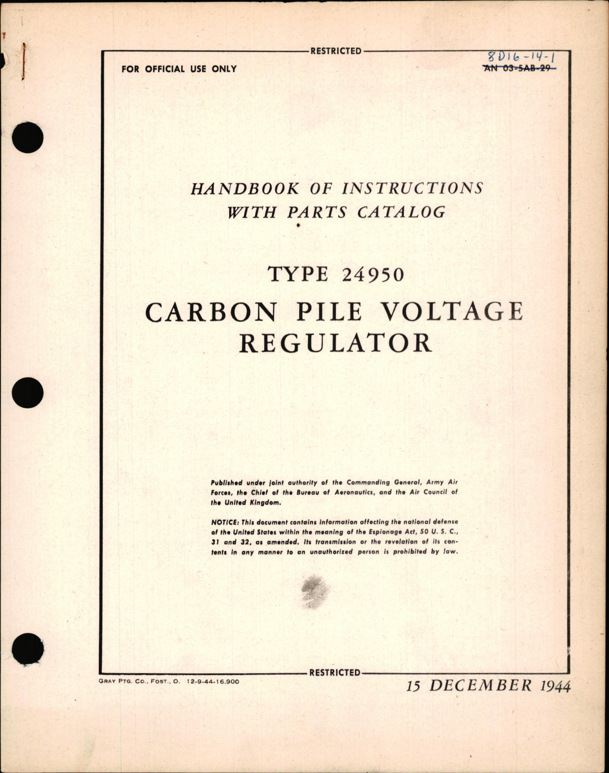 Sample page 1 from AirCorps Library document: Instructions with Parts Catalog for Type 24950 Carbon Pile Voltage Regulator