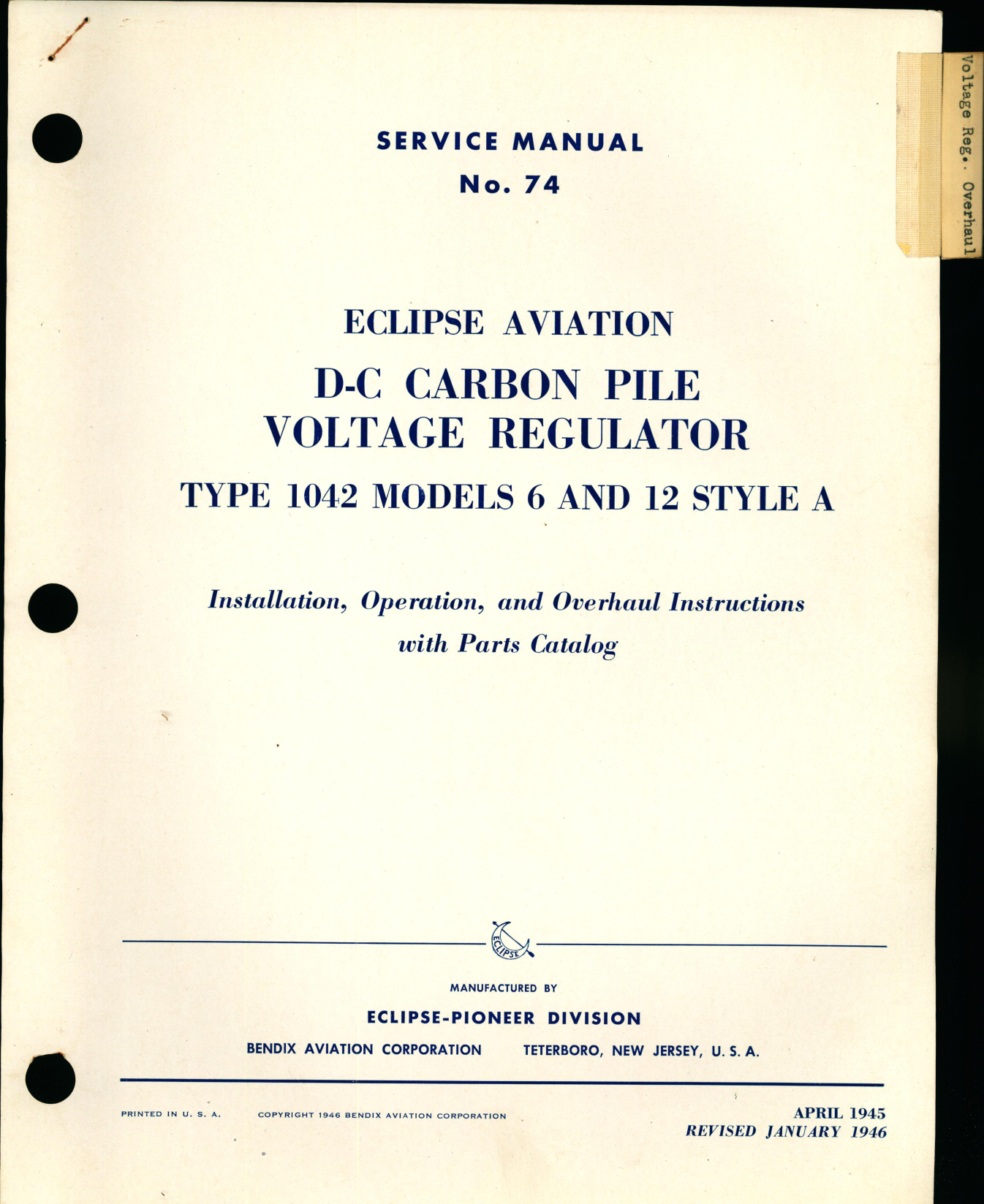 Sample page 1 from AirCorps Library document: Installation, Operation, and Overhaul Instructions with Parts Catalog for D-C Carbon Pile Voltage Regulator Type 1042