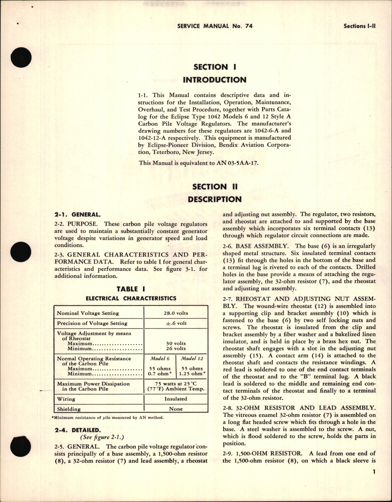 Sample page 5 from AirCorps Library document: Installation, Operation, and Overhaul Instructions with Parts Catalog for D-C Carbon Pile Voltage Regulator Type 1042