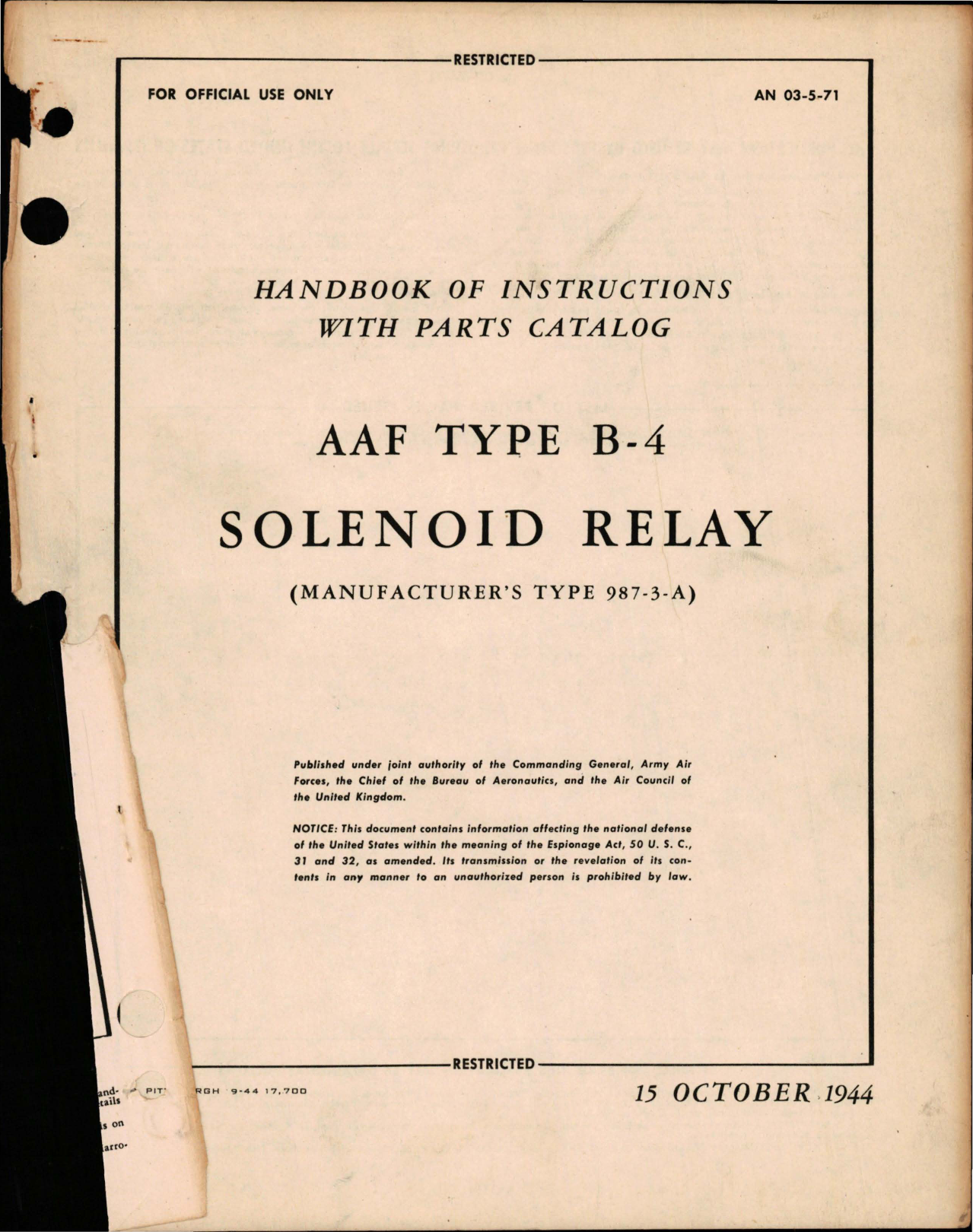 Sample page 1 from AirCorps Library document: Instructions with Parts Catalog for Solenoid Relay - AAF Type B-4 