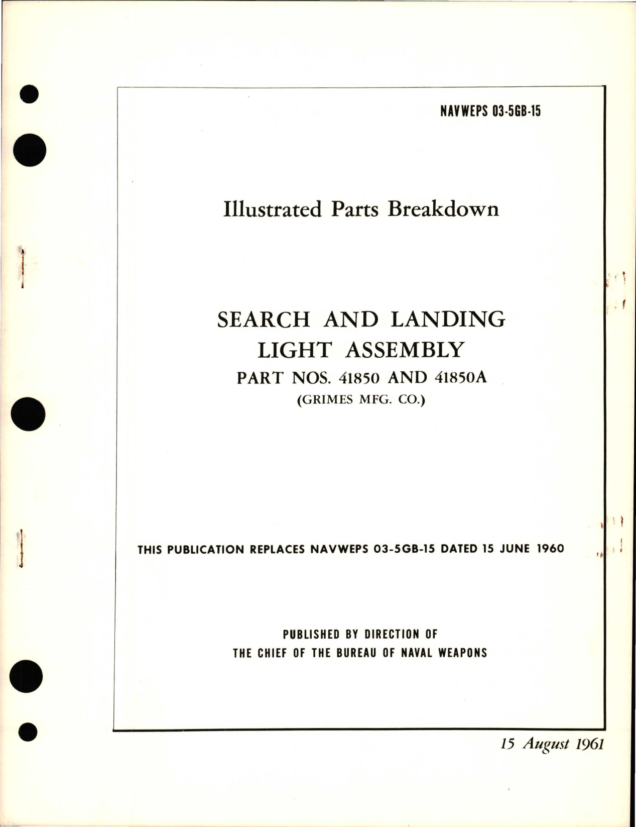 Sample page 1 from AirCorps Library document: Illustrated Parts Breakdown for Search & Landing Light Assembly - Parts 41850 and 41850A 