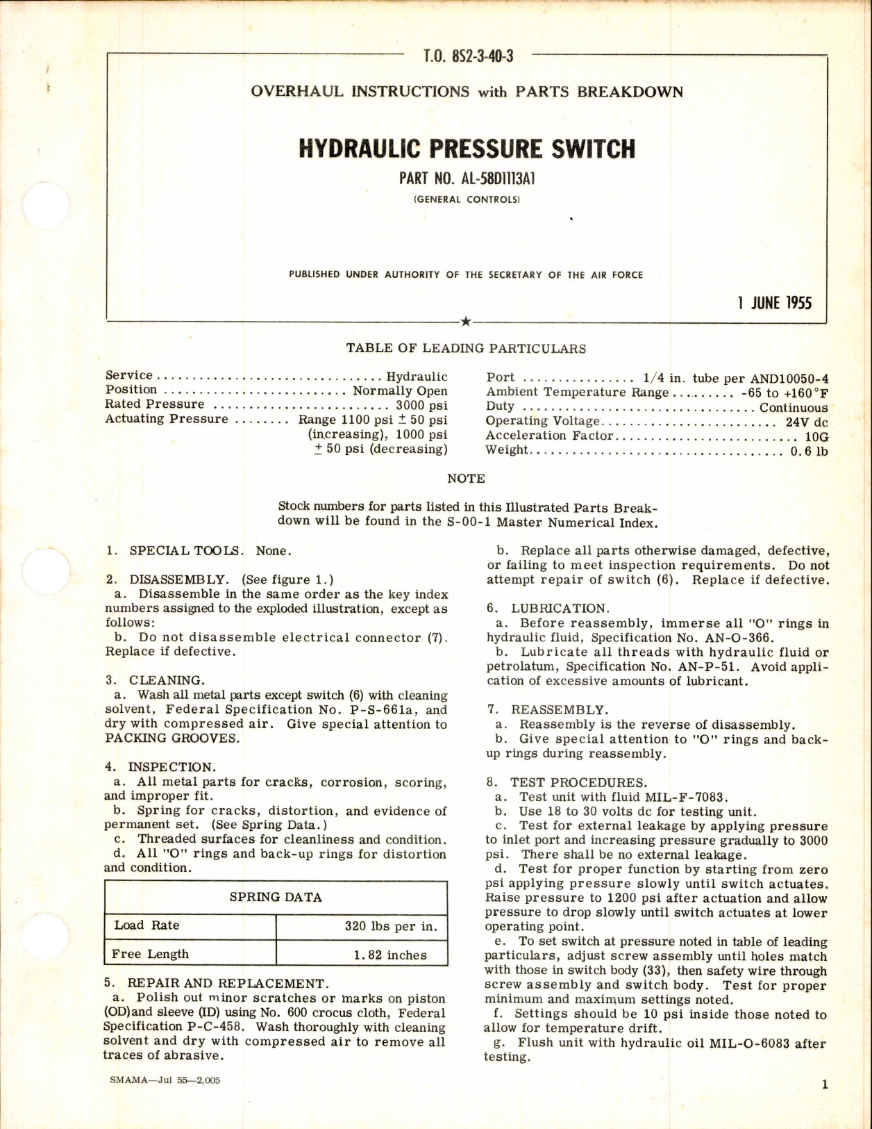 Sample page 1 from AirCorps Library document: Overhaul Instructions with Parts Breakdown for Hydraulic Pressure Switch Part No AL-58D1113A1