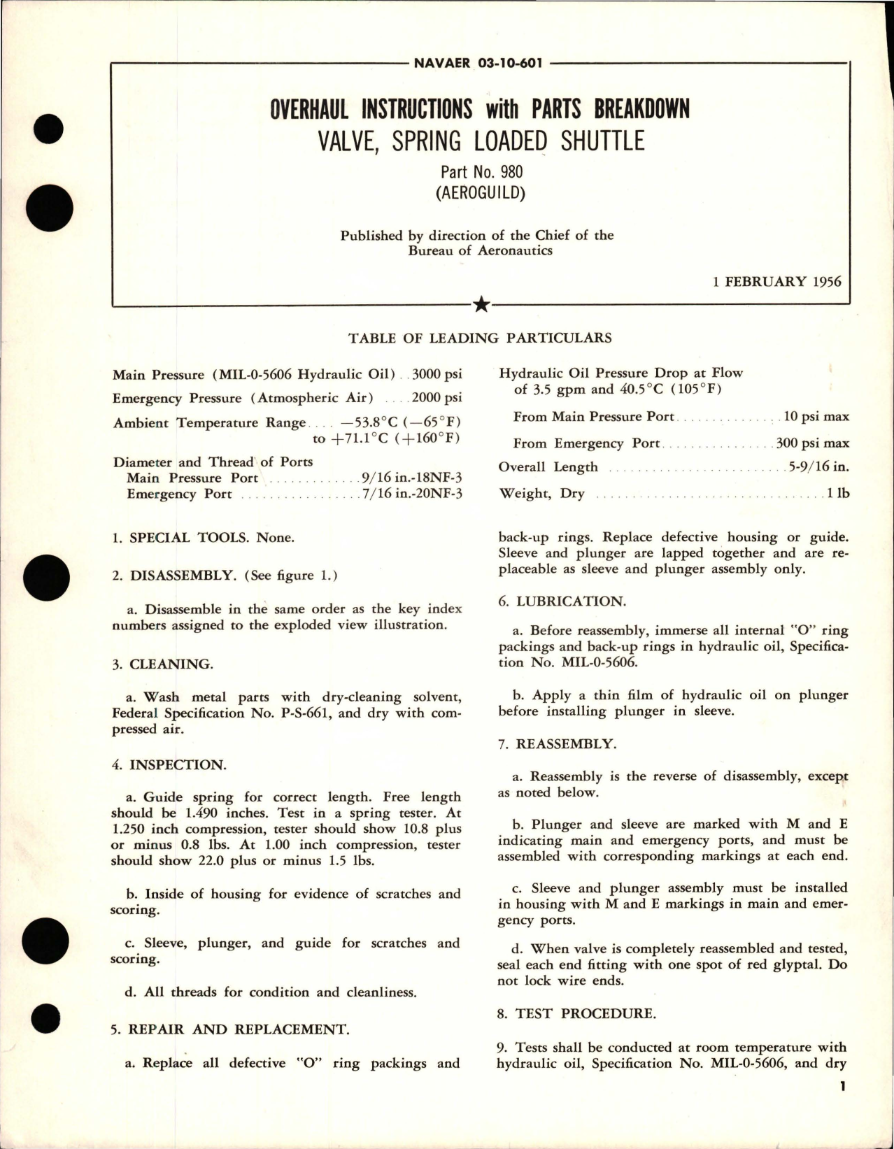 Sample page 1 from AirCorps Library document: Overhaul Instructions with Parts Breakdown for Spring Loaded Shuttle Valve - Part 980