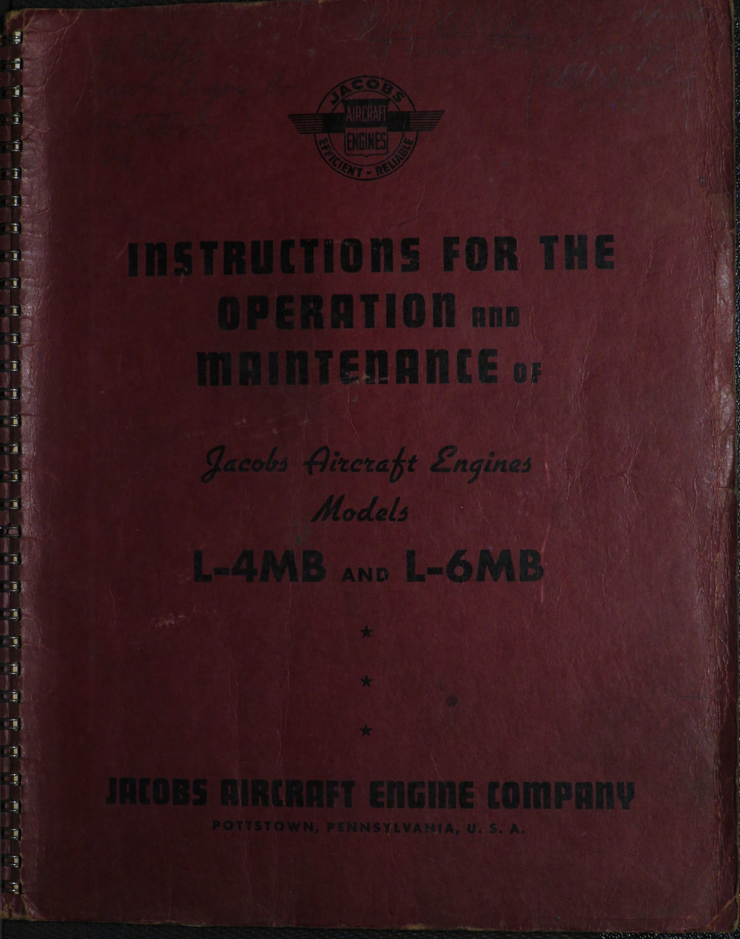 Sample page 1 from AirCorps Library document: Instructions for the Operation and Maintenance of Jacobs Aircraft Engines Models L-4MB and L-6MB