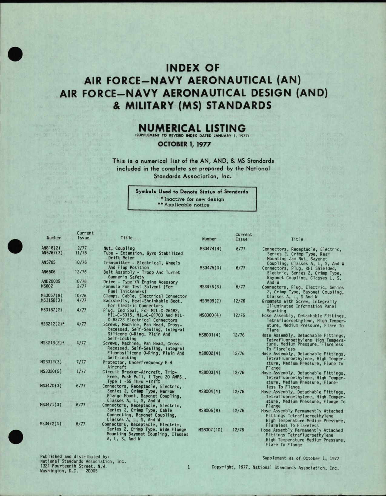 Sample page 1 from AirCorps Library document: Numerical Listing for Index of AN, AND, and MS Standards