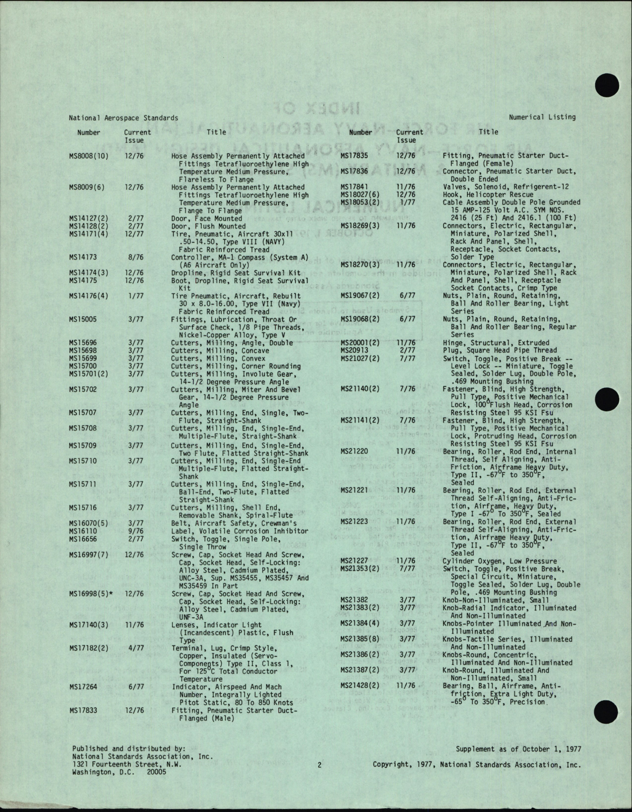 Sample page 2 from AirCorps Library document: Numerical Listing for Index of AN, AND, and MS Standards