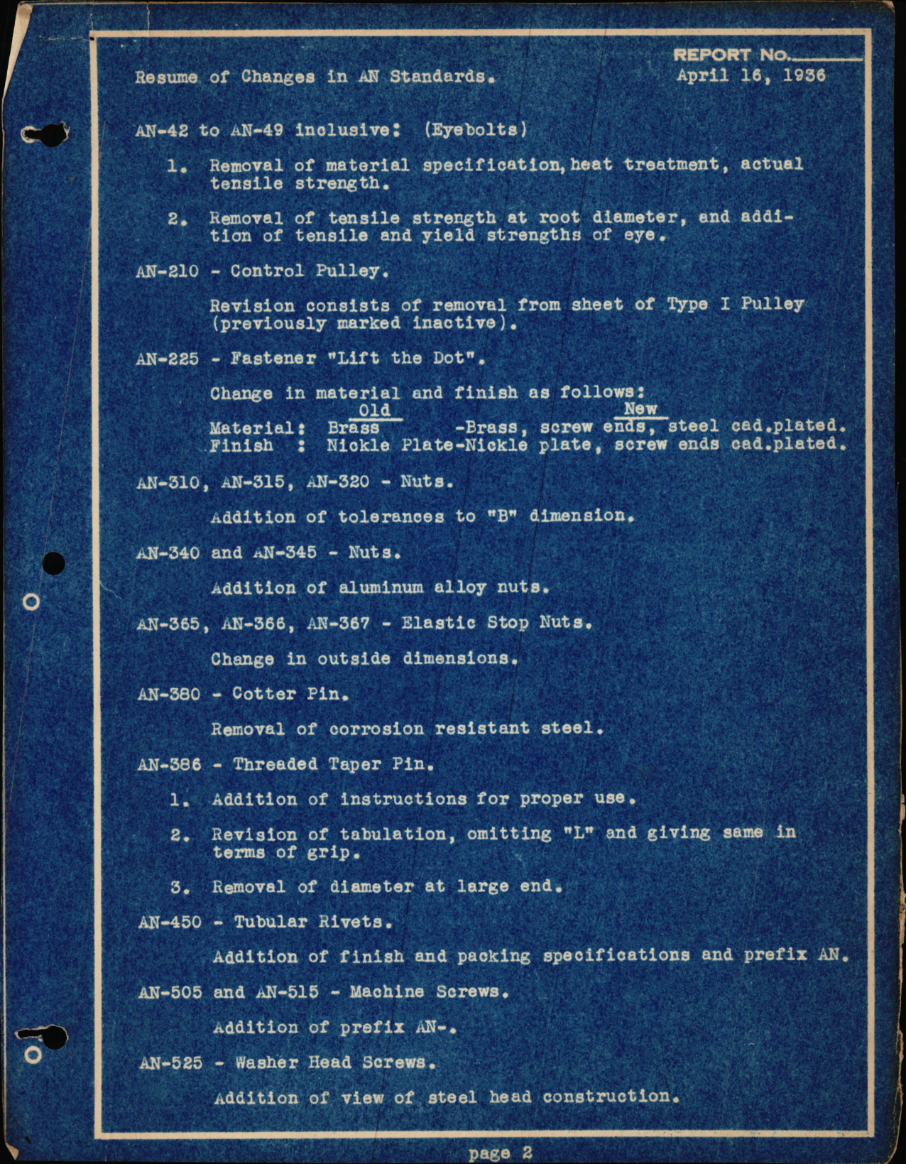 Sample page 2 from AirCorps Library document: Resume of Changes in AN Standards