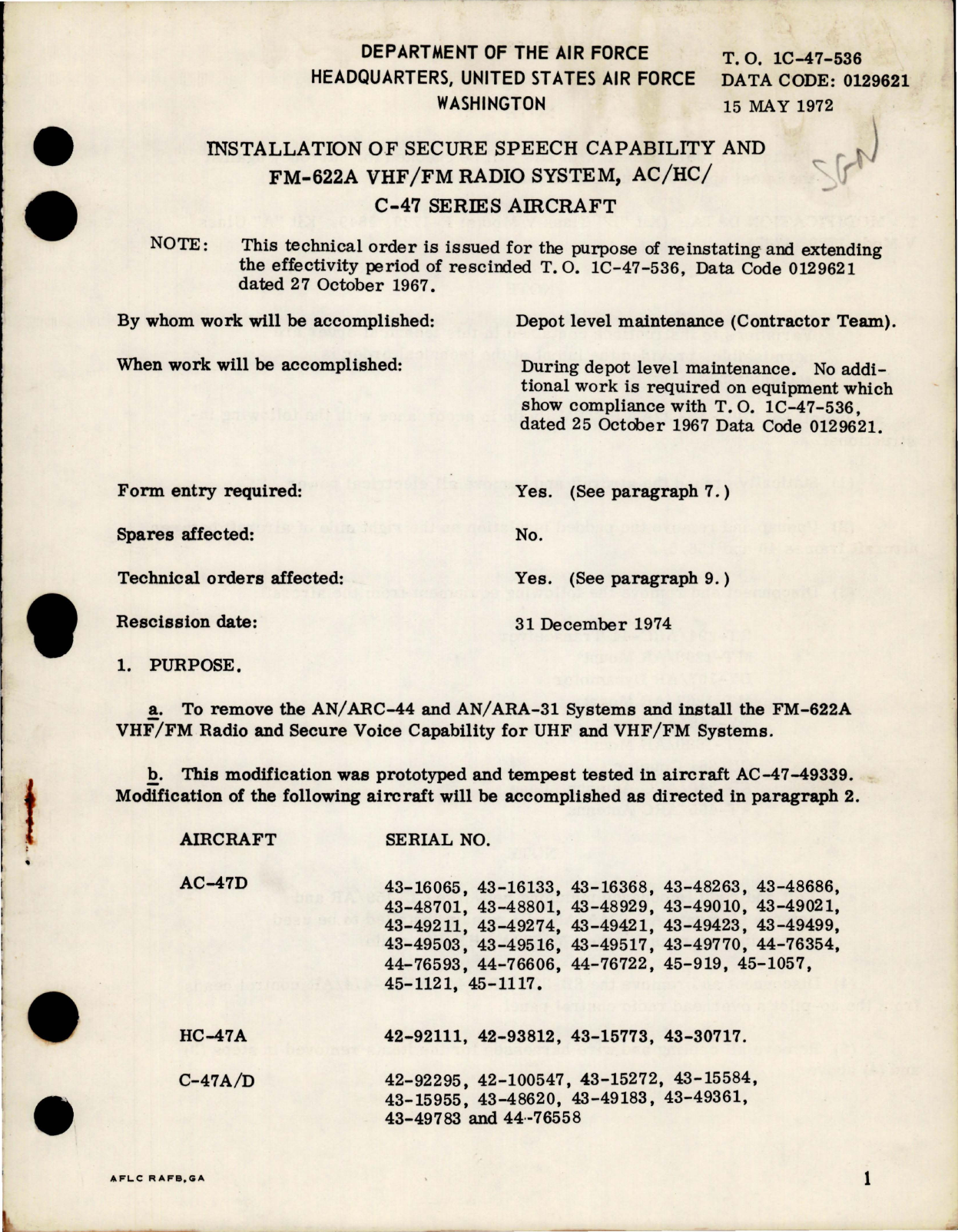 Sample page 1 from AirCorps Library document: Installation of Secure Speech Capability and FM-622A VHF/FM Radio System for C-47 Series