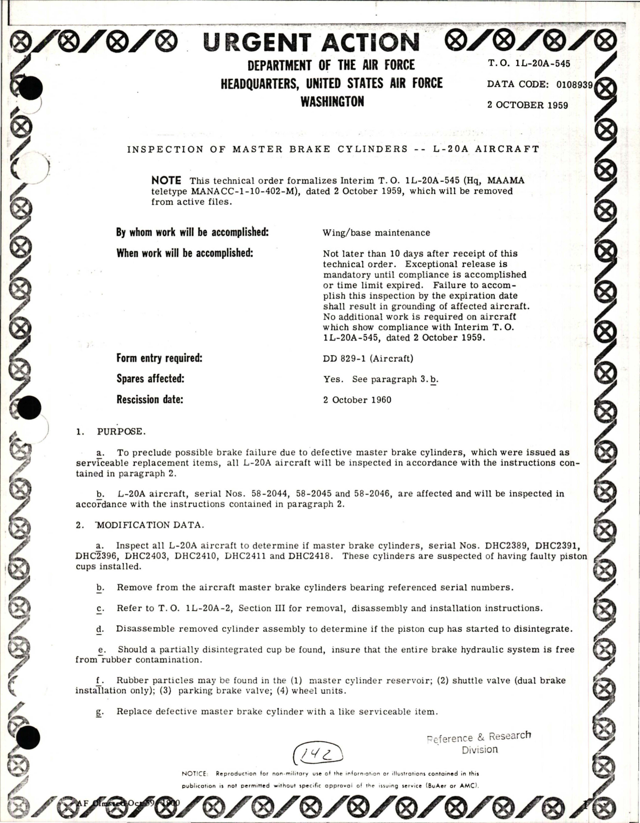 Sample page 1 from AirCorps Library document: Inspection of Master Brake Cylinders - L-20A