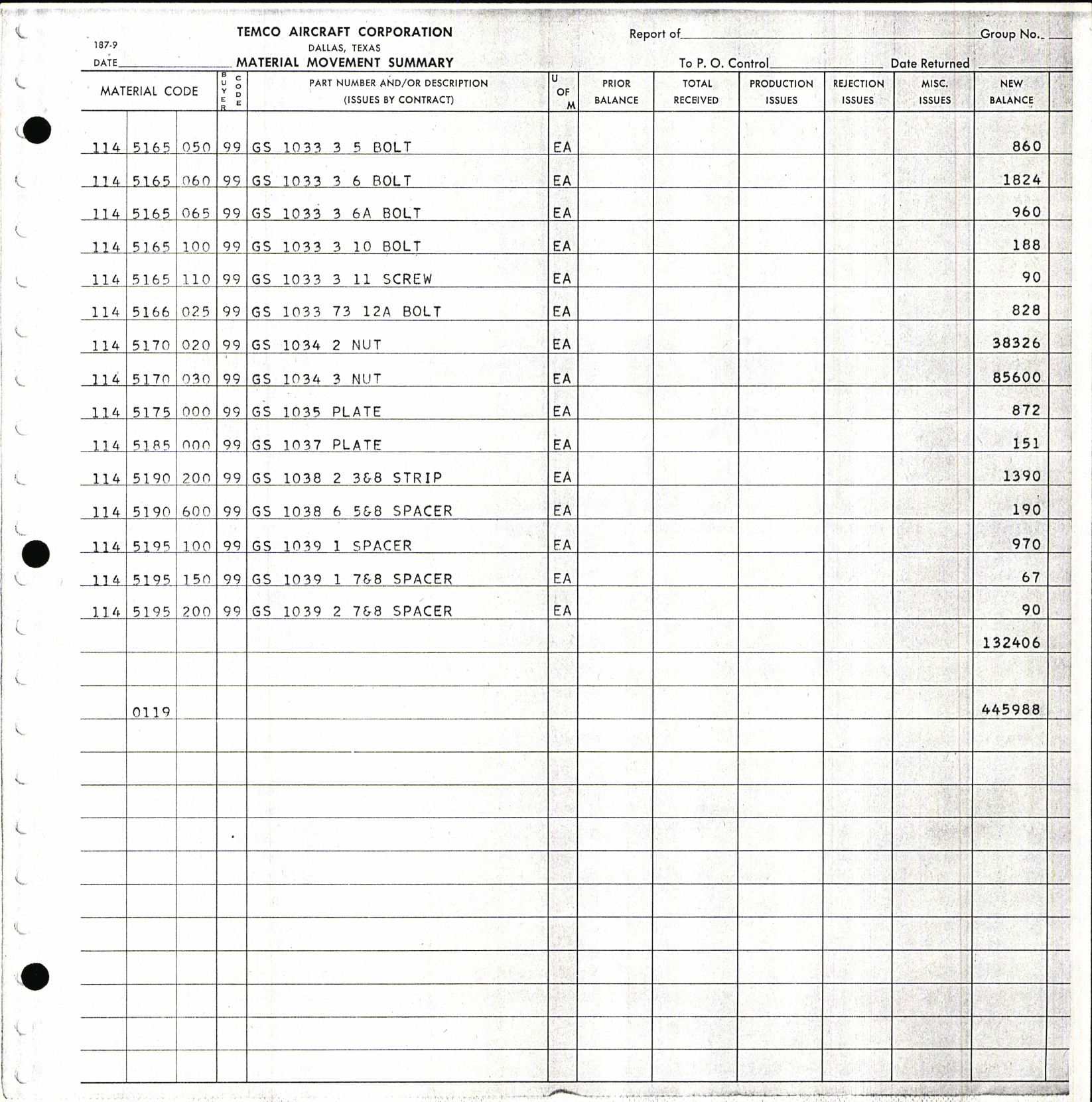 Sample page 5 from AirCorps Library document: Material Movement Summary